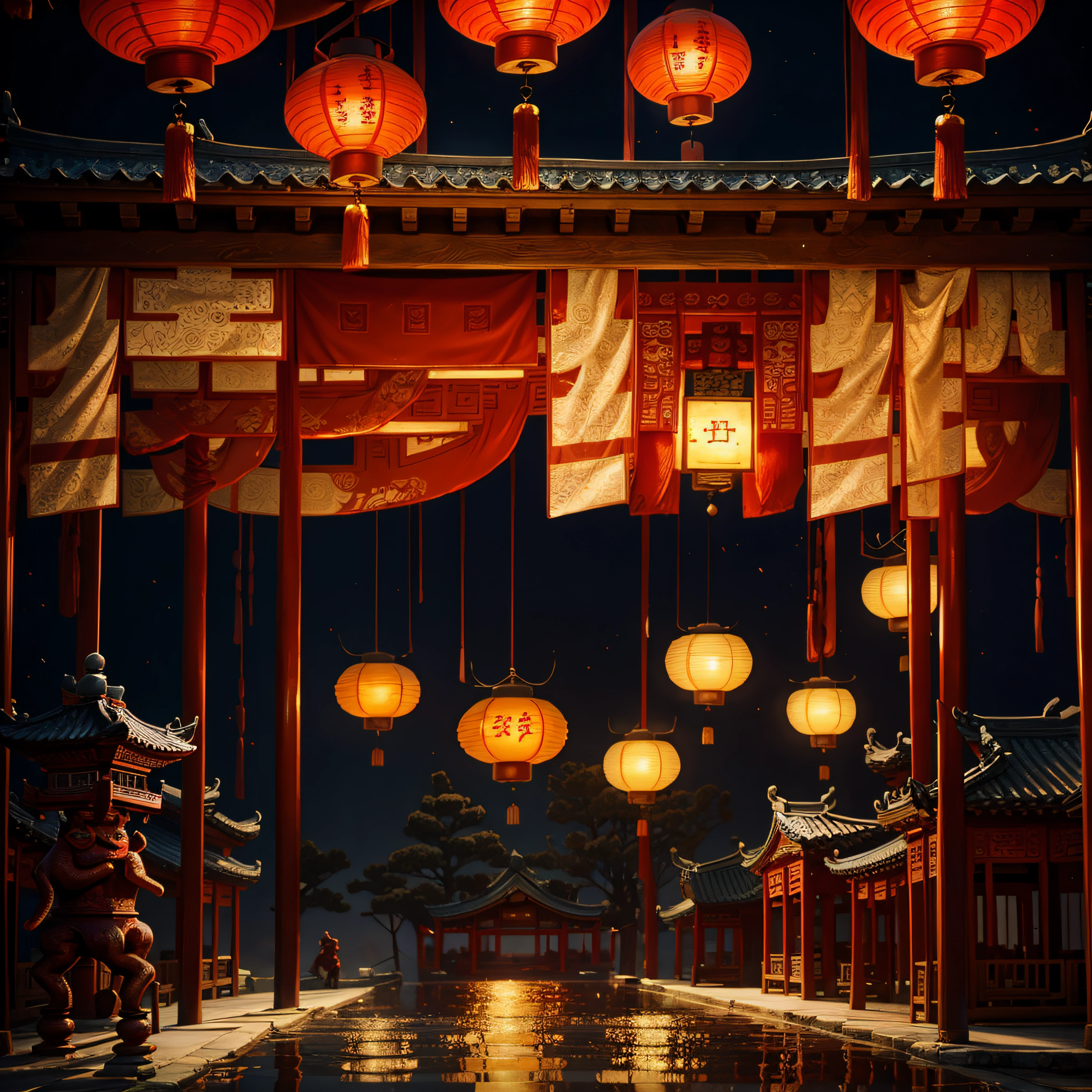 Silk is wrapped around the beams,red colour,Lanterns,totem,Chinese architectural motifs,tmasterpiece,Best quality,ultra - detailed。