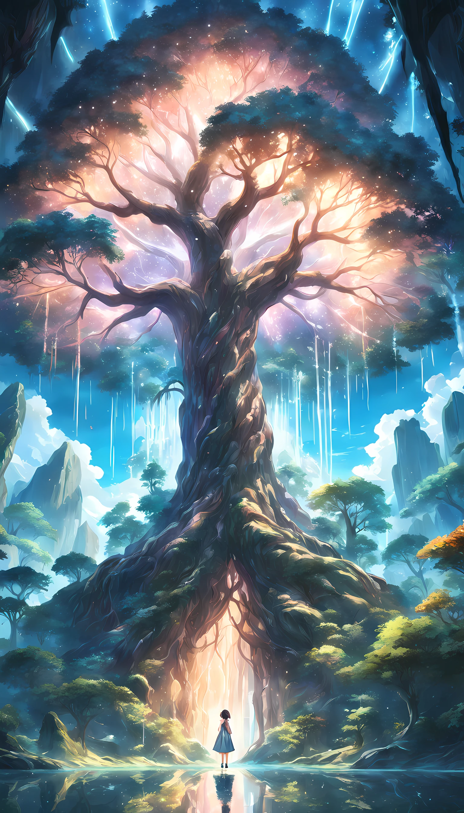 Illustration of a hyperrealistic , otherworldly, ultrasky scene featuring a giant crystal tree full body,very detailed and magical lighting, intricate forest details, vegetation and river around, solarpunk ,landscape, giant tree, beatifull leafy with beautiful lighting and realistic proportions, as if it were a cinematic background, 8k, highest quality, masterpiece, clouds and stars in the sky.