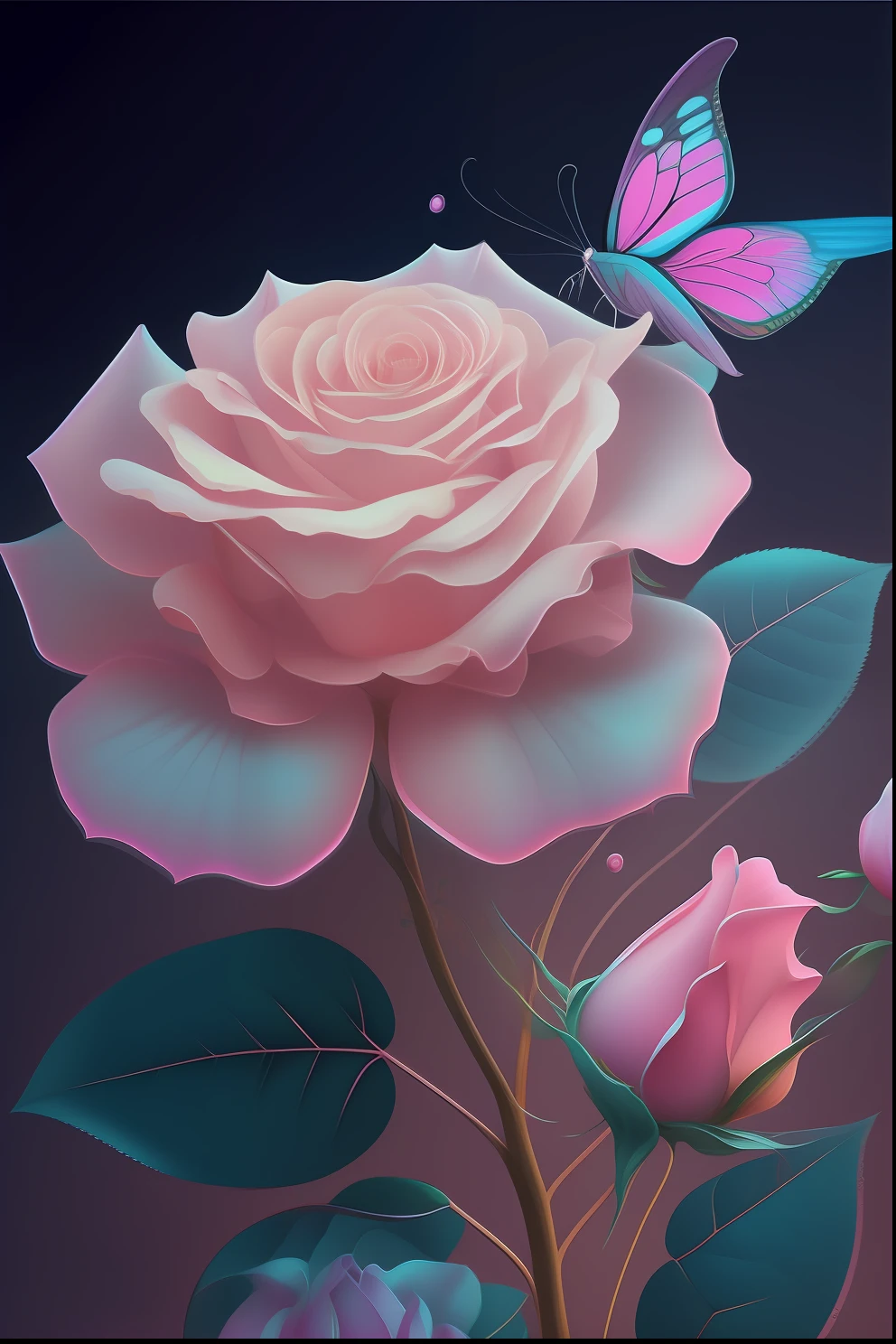 There is a pink rose,There is a butterfly on it, detailed flowers, Pink rose, beautiful digital art, pastel roses, pink rosa, Magical flowers, blue and pink, beautiful digital painting, translucent roses ornate, pink and blue color, beautiful flowers, Rose background, beautiful gorgeous digital art, magical colorful flowers, Very Beautiful Digital Art, elegant digital painting, Beautiful digital artwork