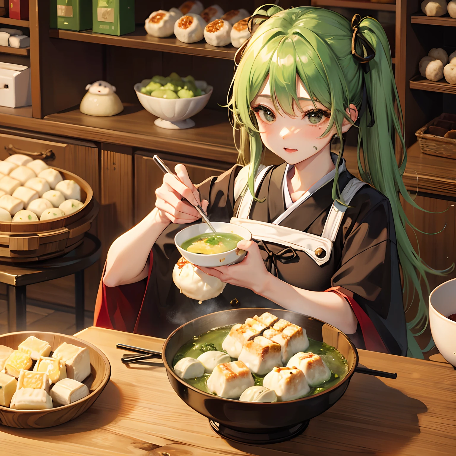 Eat gohei mochi and dumplings grilled on a net、Matcha with --auto