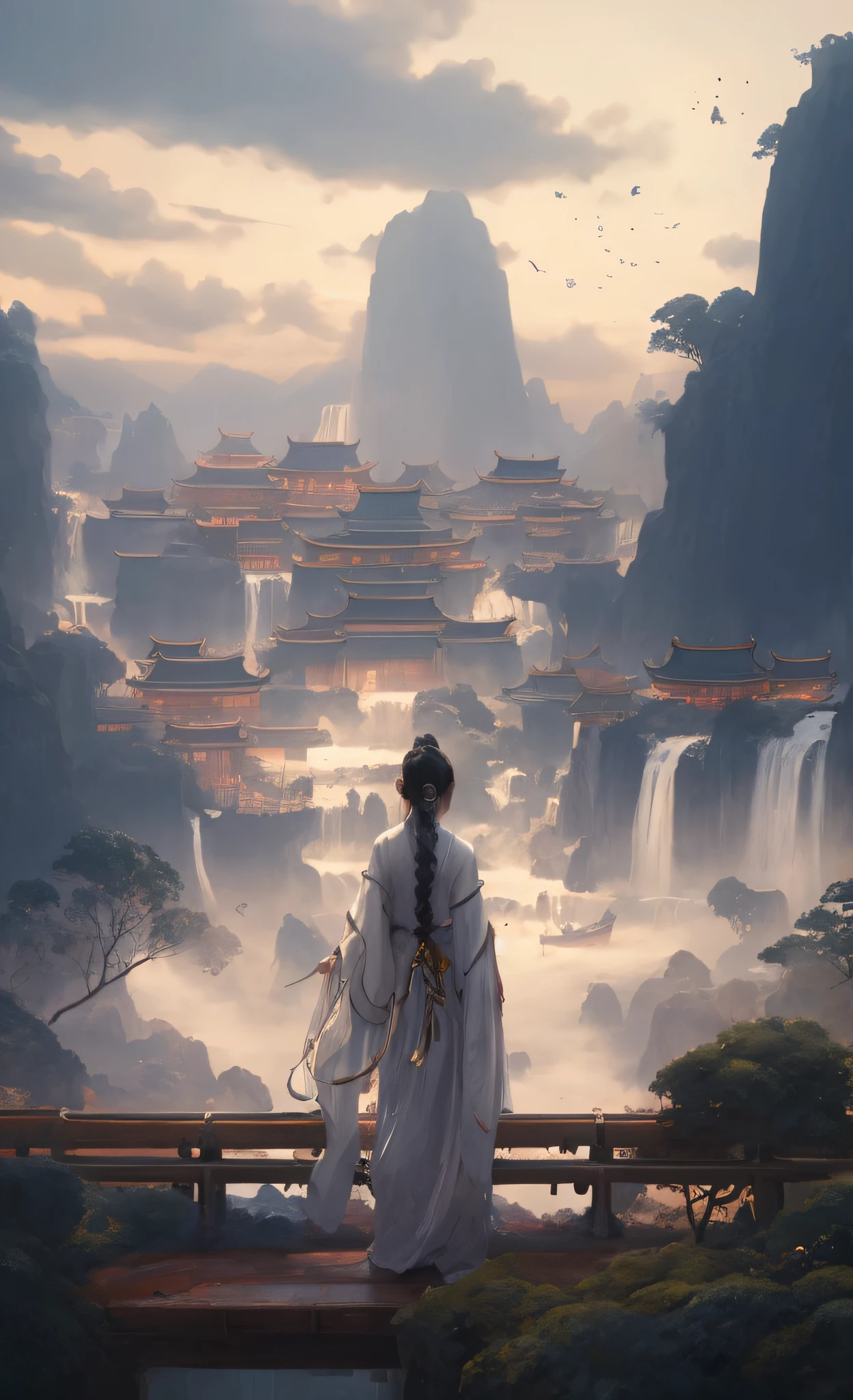 Painting a woman in a white dress standing on a bridge, ross tran. scenery background, beautiful concept art, by Raymond Han, author:Raphael Lacoste, Estilo de Raphael Lacoste, by Bayard Wu, Palace , A girl in Hanfu, concept-art | feng zhu, elegant cinematic fantasy art, Beautiful rendering of the Tang Dynasty, martin raphael lacoste
