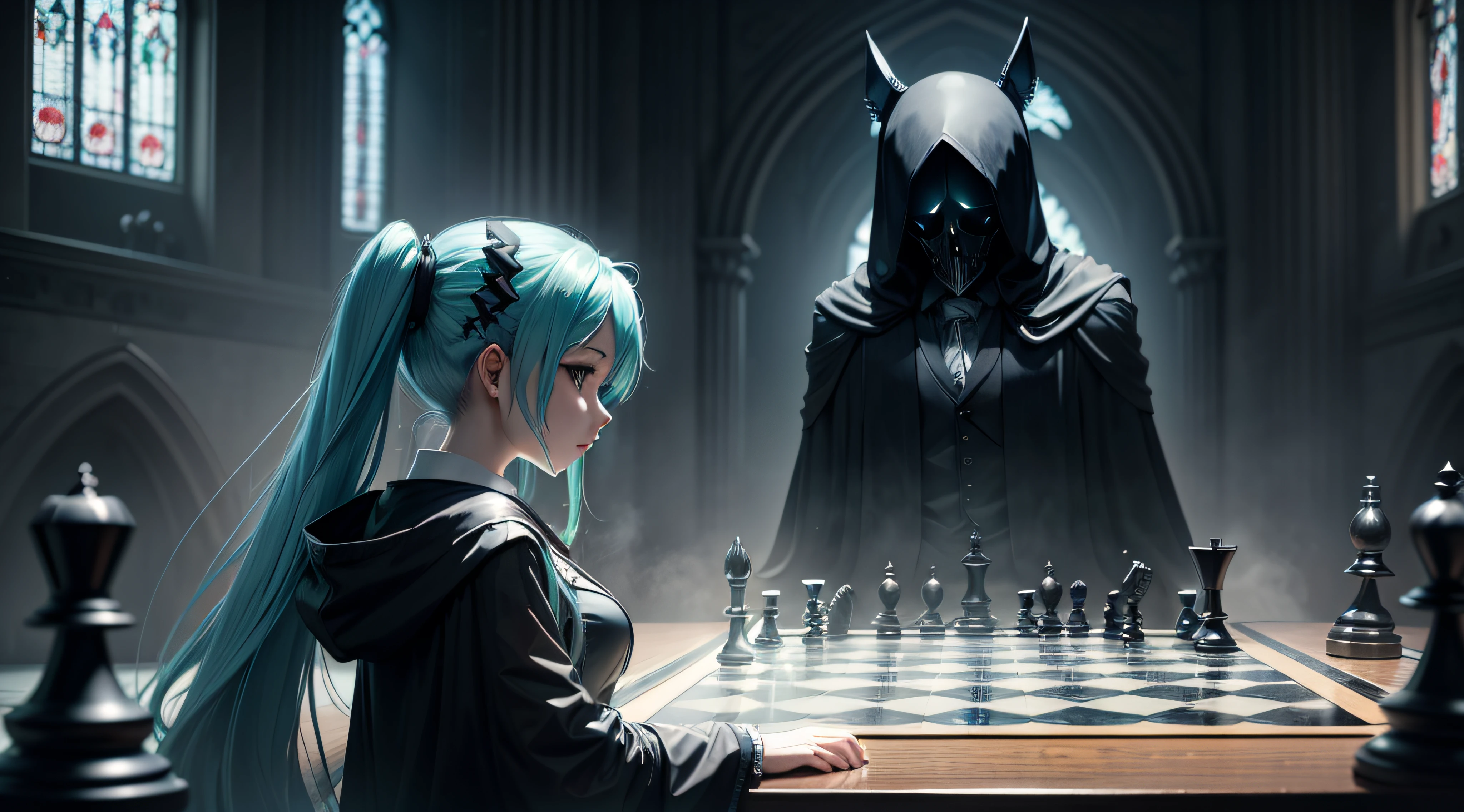 hatsune miku plays chess with grim reaper, dark fantasy, gothic atmosphere, gloomy, grim reaper, chess tournament, dark cathedral background, realistic, detailed, hatsune miku versus grim reaper, 2 opponents