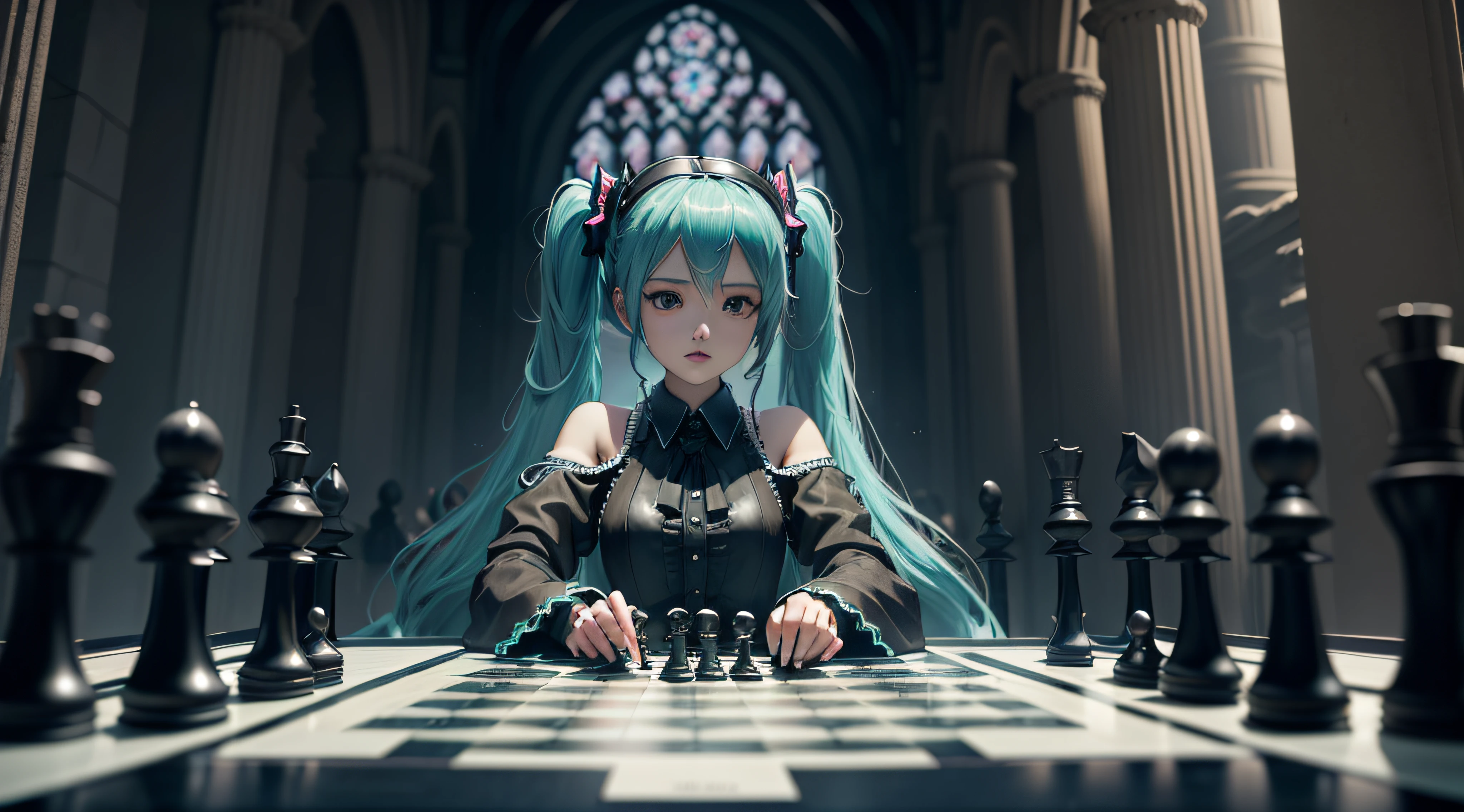 hatsune miku plays chess with grim reaper, dark fantasy, gothic atmosphere, gloomy, grim reaper, chess tournament, dark cathedral background, realistic, detailed, hatsune miku versus grim reaper, 2 opponents