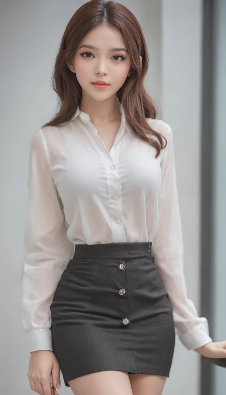 best qualtiy,tmasterpiece,超高分辨率,(photorealestic),(realisticlying:1.4),RAW photogr,1girll,(Full body photo,inside in room,sit on chair,legs crossed),good-looking face,slim,dignified,Small Fresh,(White color blouse,black short skirt),ssmile,cabelos preto e longos,Beautiful hair accessories,Beautiful girl,Detailed scenes, Beautiful digital illustration, the detail,Hyper-detailed, Cinematic quality, (Beauty and aesthetics,big breasts beautiful),correct hand,anatomy correct, ((from below))
