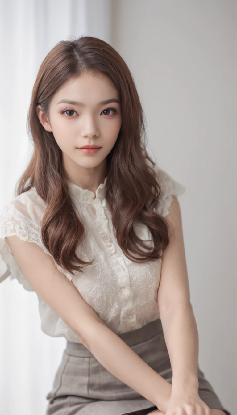 best qualtiy,tmasterpiece,超高分辨率,(photorealestic),(realisticlying:1.4),RAW photogr,1girll,(Full body photo,inside in room,sit on chair,legs crossed),good-looking face,slim,dignified,Small Fresh,(White color blouse,black short skirt),ssmile,cabelos preto e longos,Beautiful hair accessories,Beautiful girl,Detailed scenes, Beautiful digital illustration, the detail,Hyper-detailed, Cinematic quality, (Beauty and aesthetics,big breasts beautiful),correct hand,anatomy correct, ((from below))