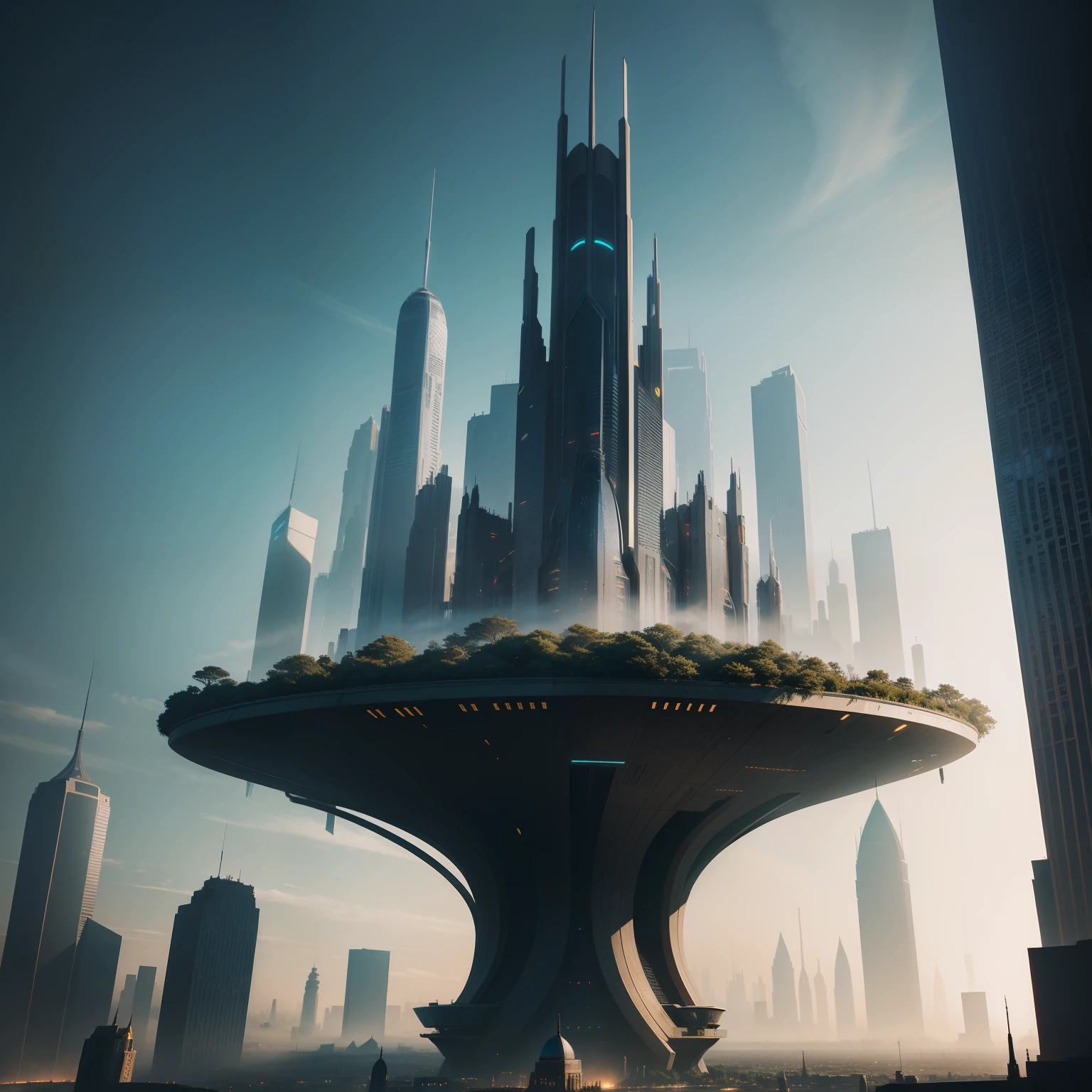 Skyscrapers　cyberpunked　epcot　top-quality　​masterpiece　超A high resolution　Skyscrapers towering above the ground　Sci-Fi Art　Huge castle