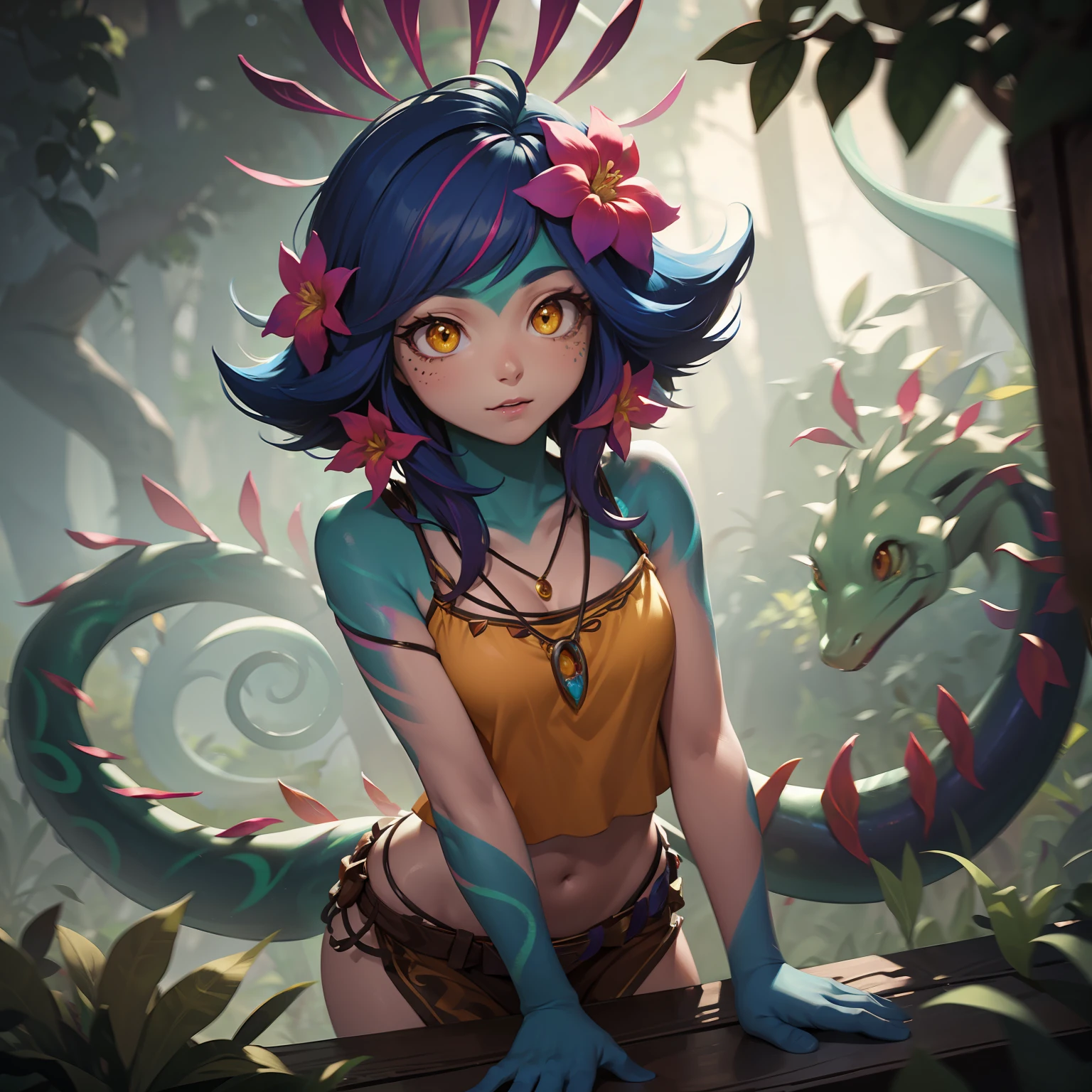 Neeko, 1girl, facial marks, hair ornaments, hair flower, necklace, brown shorts, crop top, multicolored skin, lizard tail, body paint, yellow eyes, perfect anatomy, better hands