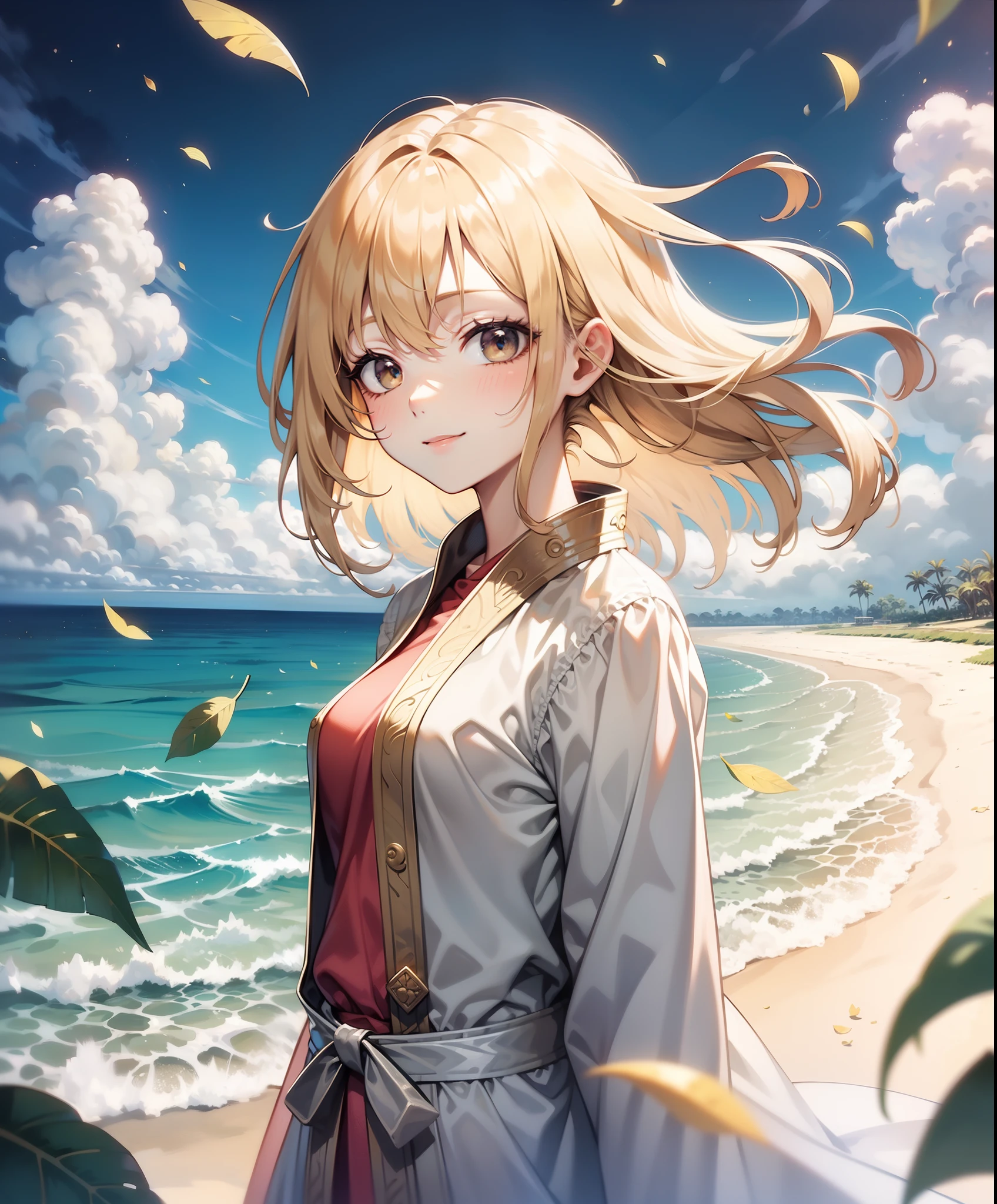 masterpiece, best quality, dqPom, blonde hair, robe, looking at viewer, ocean, serene smile, wind, leaves, clouds