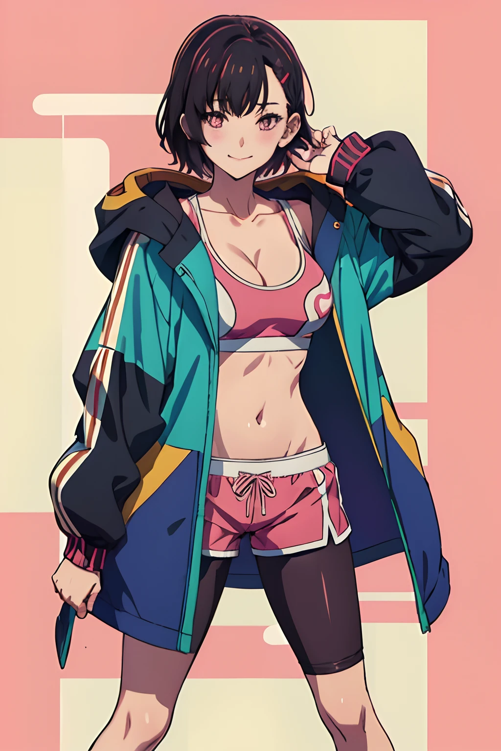 (((masterpiece))), ShizukaMikazuki, 1girl, solo, smile, blush, looking at viewer, short hair, black hair, hair ornament, navel, cleavage, medium breasts, standing, collarbone, jacket, full body, open clothes, shoes, shorts, hairclip, midriff, pink eyes, hand on hip, short shorts, sneakers, sports bra, leggings, pink shorts, (nice hands), woman standing in tokyo at midnight,