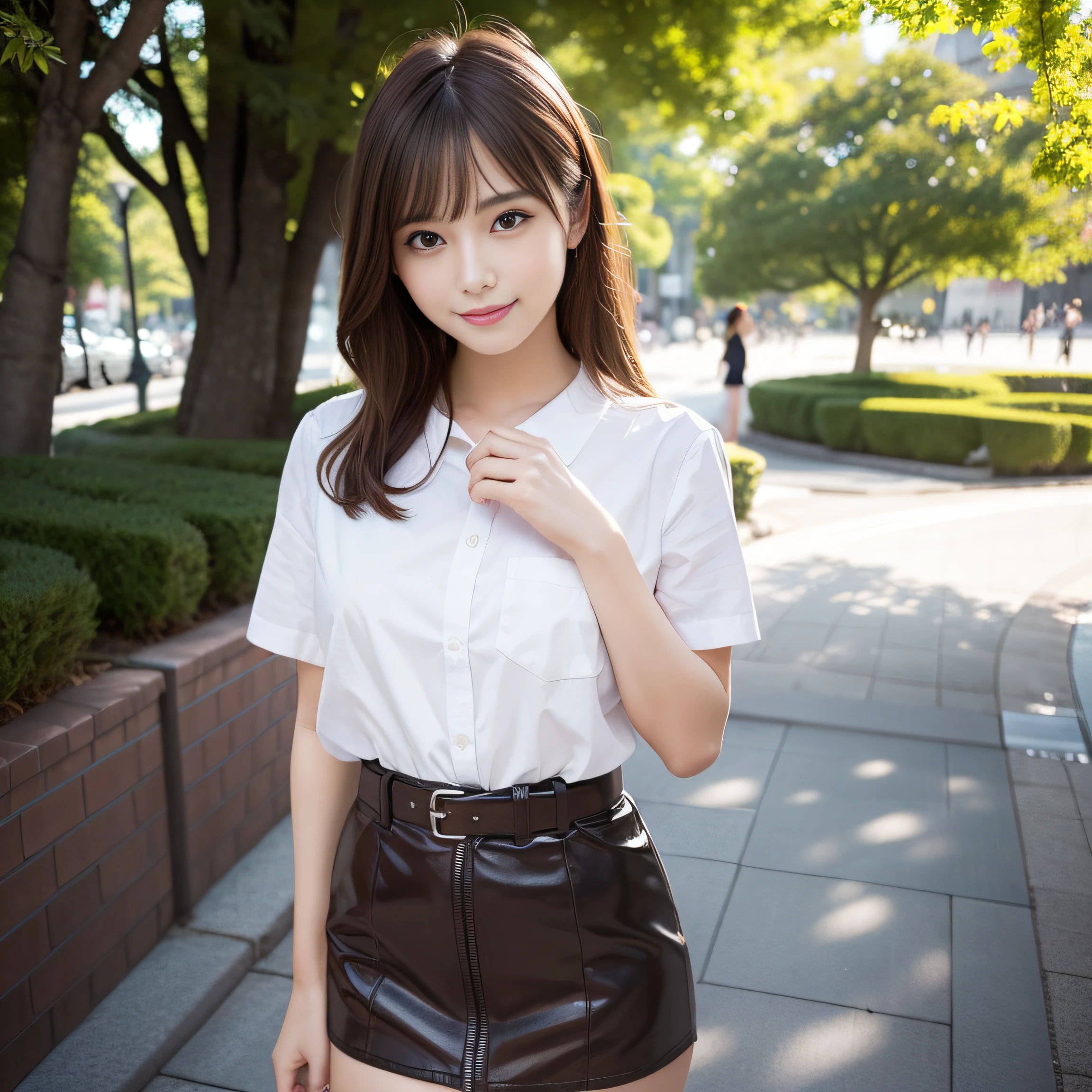 8K,Best Quality:1.4,high details、 超A high resolution:1.5, (Photorealistic:1.4),​masterpiece:1.2,(top-quality:1.4)、 tourism photography、(the background is blurred), a park,fully body photo:1.8、Standing Pose:1.2、 1日本人の女の子, Cute, (Solo), (Shy smile), Smooth skin、cute littleＴThe shirt、Check miniskirt:1.3、 (Brown medium hair,Bangs), (touch hair:1.4)、nogizaka、cute little、(30-years old:1.2)、beauty legs、Supple fingertips、Realistic fingers、Beautiful black eyes、natural skin textures:1.3, realistic eyes and face details:1.7、middlebreasts、gazing at viewer,Gravure Pose