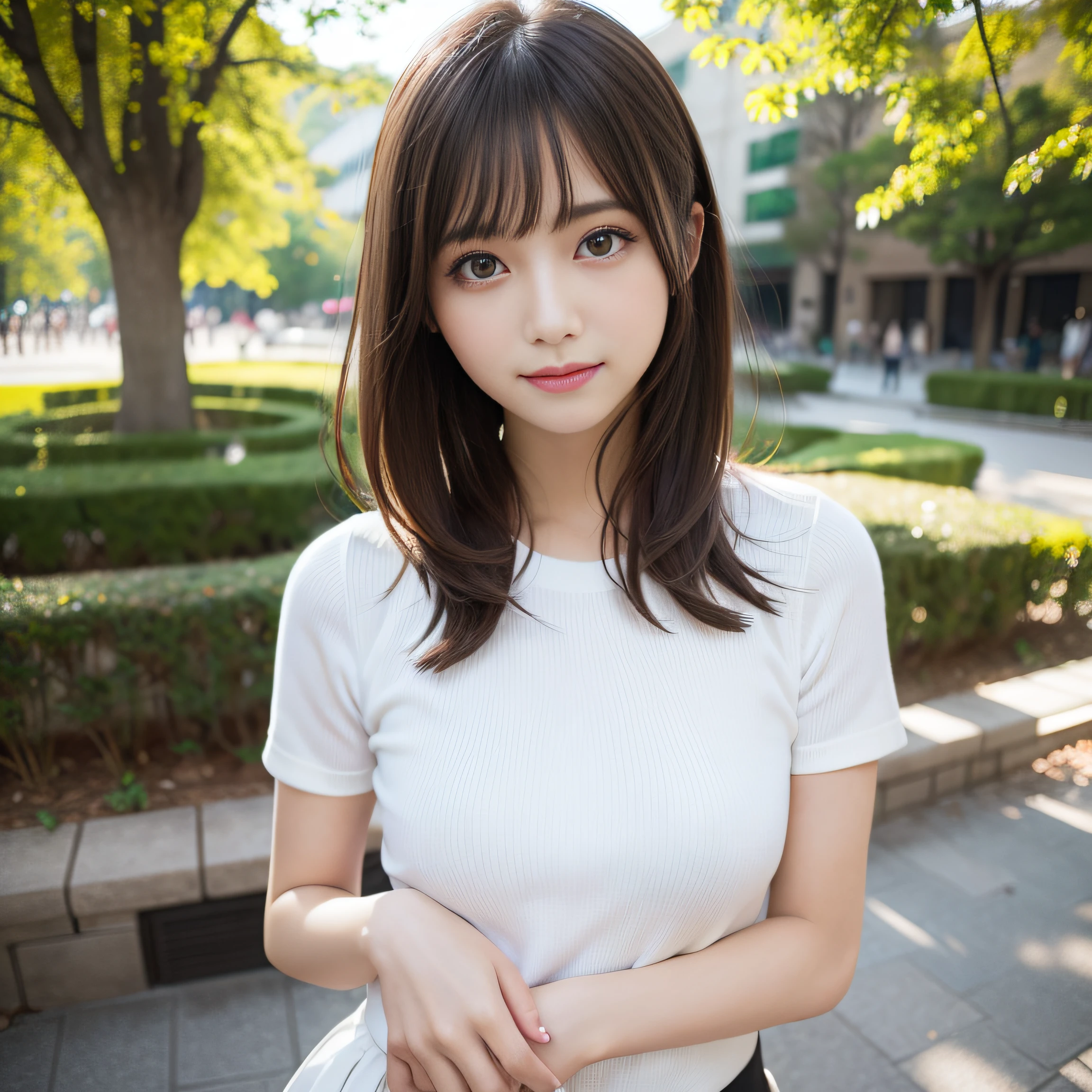 8K,Best Quality:1.4,high details、 超A high resolution:1.5, (Photorealistic:1.4),​masterpiece:1.2,(top-quality:1.4)、 tourism photography、(the background is blurred), a park,fully body photo:1.8、Standing Pose:1.2、 1日本人の女の子, Cute, (Solo), (Shy smile), Smooth skin、cute littleＴThe shirt、Check miniskirt:1.3、 (Brown medium hair,Bangs), (touch hair:1.4)、nogizaka、cute little、(30-years old:1.2)、beauty legs、Supple fingertips、Realistic fingers、Beautiful black eyes、natural skin textures:1.3, realistic eyes and face details:1.7、middlebreasts、gazing at viewer,Gravure Pose
