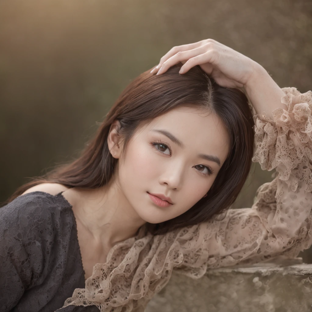 Close-up at medium range，a big breast chinese girl