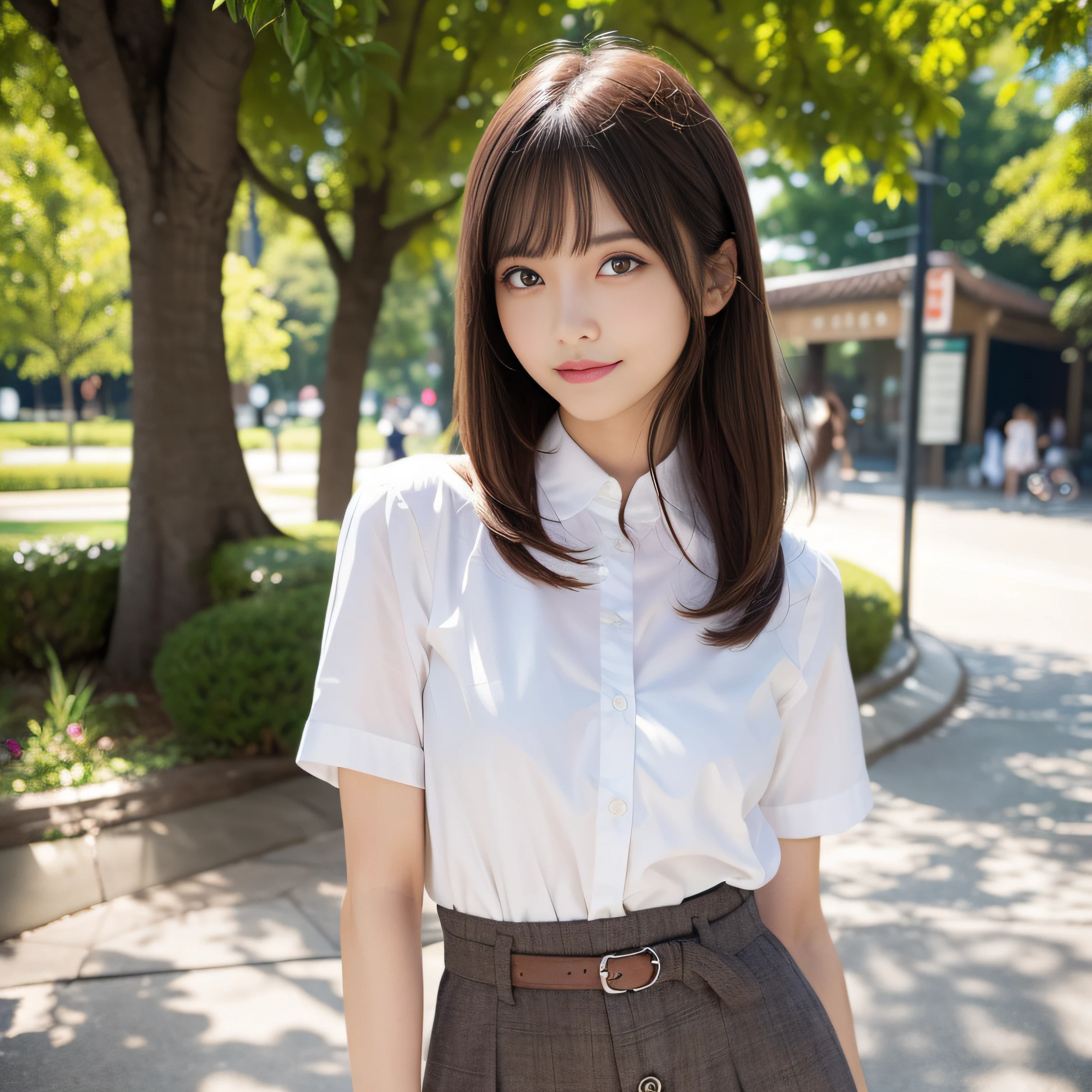 8K,Best Quality:1.4,high details、 超A high resolution:1.5, (Photorealistic:1.4),masterpiece:1.2,(top-quality:1.4)、 tourism photography、(the background is blurred), a park,fully body photo:1.8、Standing Pose:1.2、 1日本人の女の子, Cute, (Solo), (Shy smile), Smooth skin、cute littleTThe shirt、Check miniskirt:1.3、 (Brown medium hair,Bangs), (touch hair:1.4)、nogizaka、cute little、(30-years old:1.2)、beauty legs、Supple fingertips、Realistic fingers、Beautiful black eyes、natural skin textures:1.3, realistic eyes and face details:1.7、middlebreasts、gazing at viewer,Gravure Pose