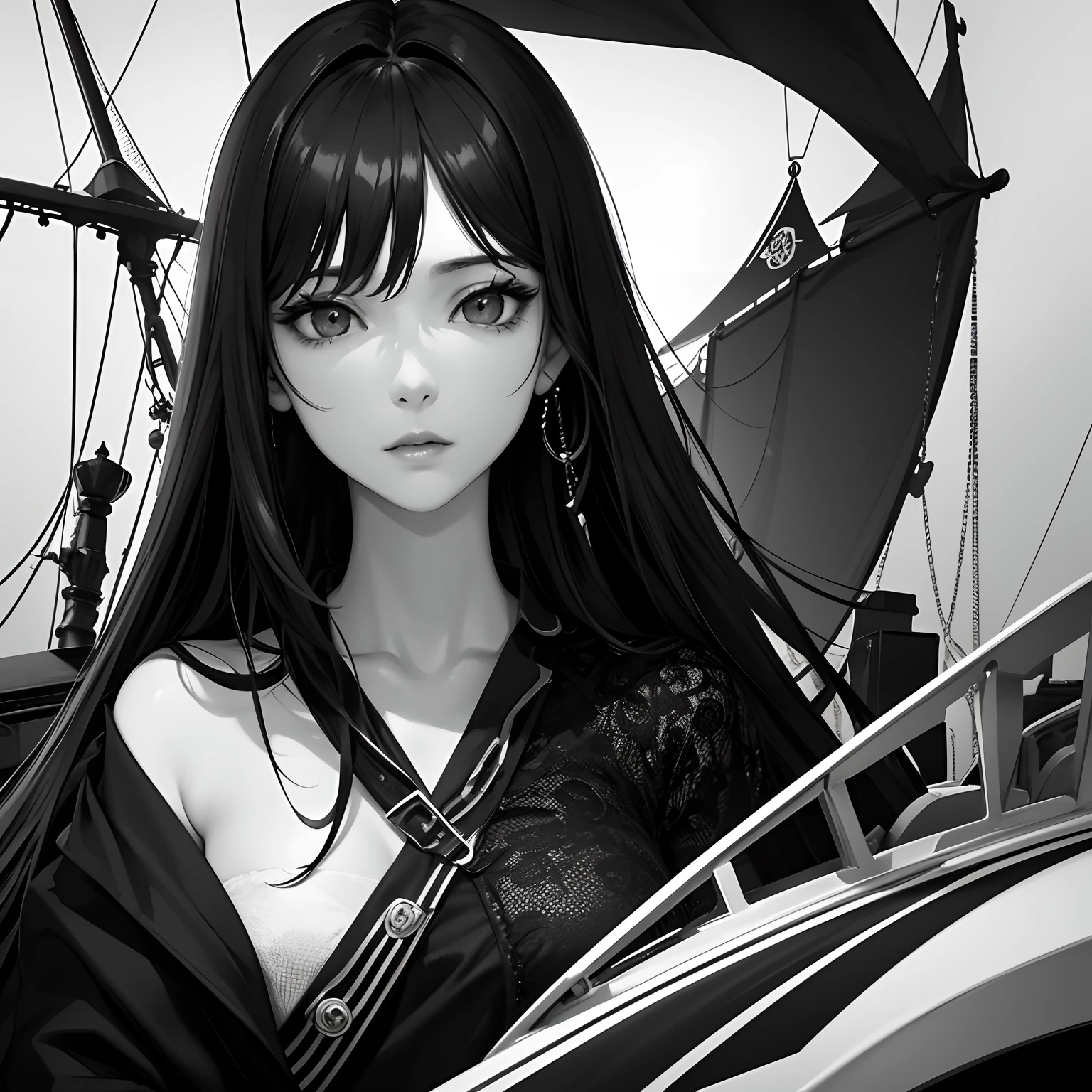 ​masterpiece、top-quality、hight resolution、High-quality images、8K、1womanl、detaileds、Detailed eye depiction、skin gloss、Lustrous black hair、Monochrome grayscale、Lisa、portlate、Ships in the sky