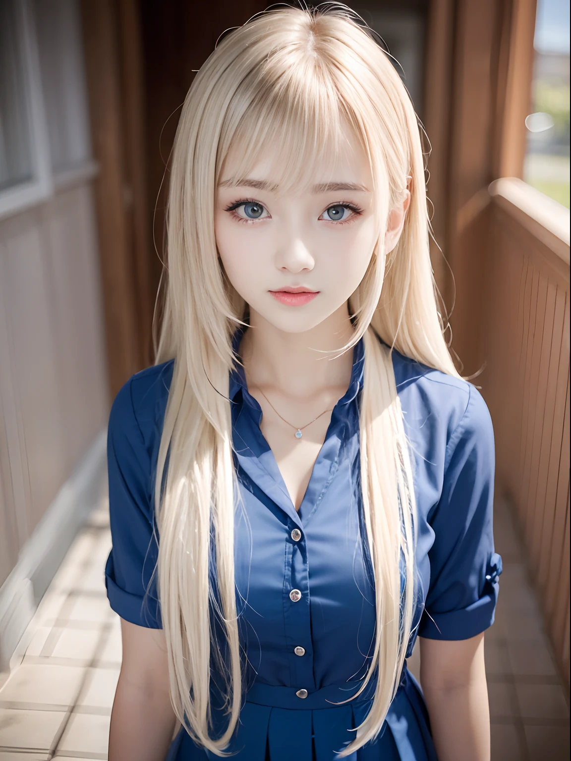 portlate、School Uniforms、bright expression、Young shiny shiny white shiny skin、Best Looks、Blonde reflected light、Platinum blonde hair with dazzling highlights、shiny light hair,、Super long silky straight hair、Beautiful bangs that shine、Glowing crystal clear attractive big blue eyes、Very beautiful nice cute 16 year old girl、Lush bust、