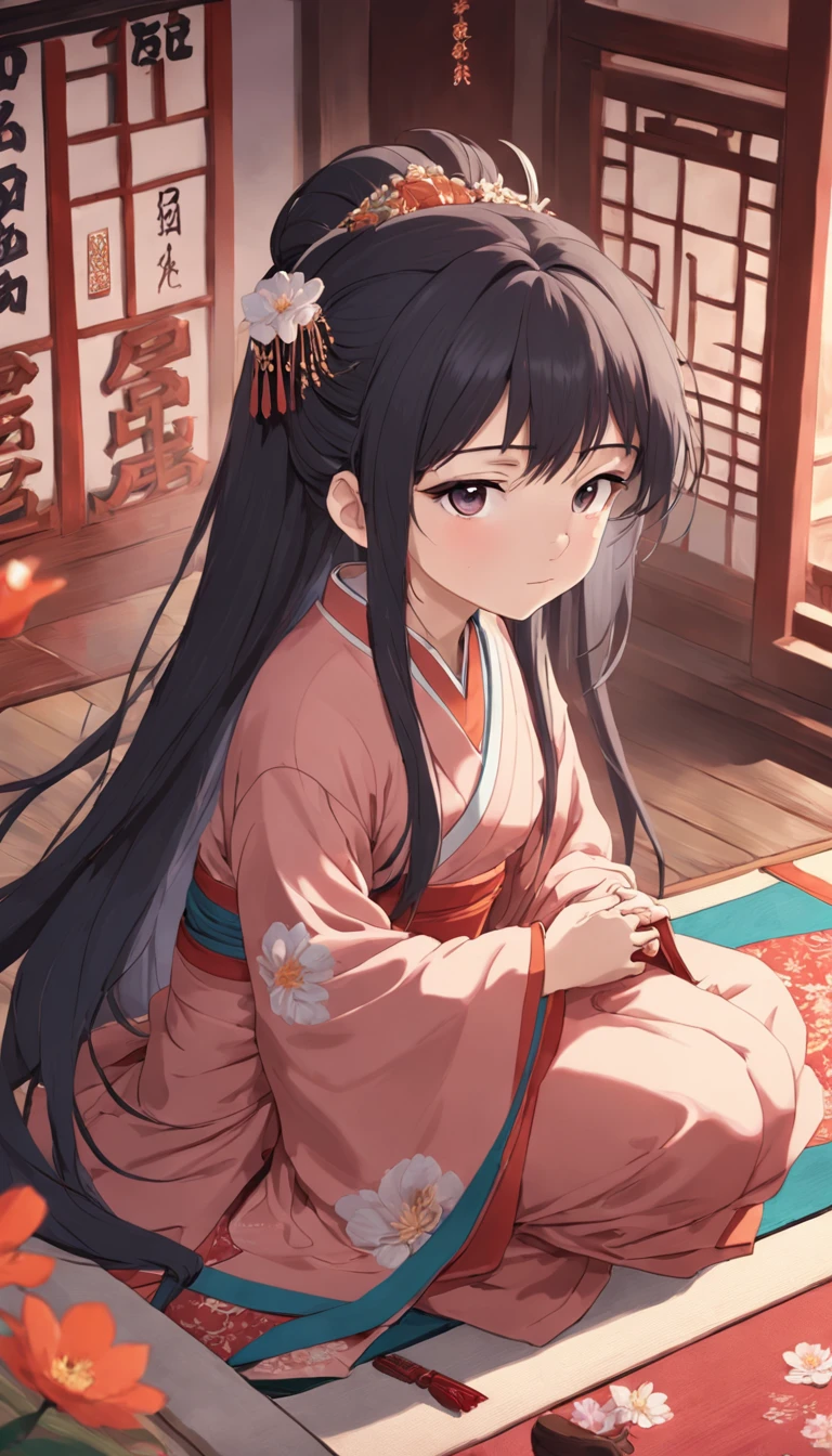 (Daisaku),(Need),(Super meticulous),(full bodyesbian:1.2),Super young man sitting on carpet playing guzheng，Next to it was a young woman with a petal shape between her forehead，Beautiful，Oriental face，4K，With very detailed facial features and cartoon-style visuals。