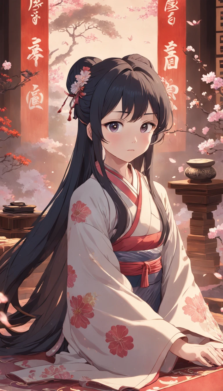 (Daisaku),(Need),(Super meticulous),(full bodyesbian:1.2),Super young man sitting on carpet playing guzheng，Next to it was a young woman with a petal shape between her forehead，Beautiful，Oriental face，4K，With very detailed facial features and cartoon-style visuals。