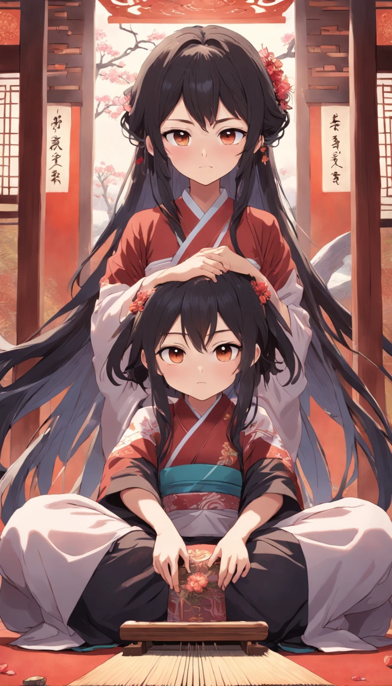 (Daisaku),(Need),(Super meticulous),(full bodyesbian:1.2),Super young man sitting on carpet playing guzheng，Next to it was a young woman with a petal shape between her forehead，Beautiful，Oriental face，4K，With very detailed facial features and cartoon-style visuals。