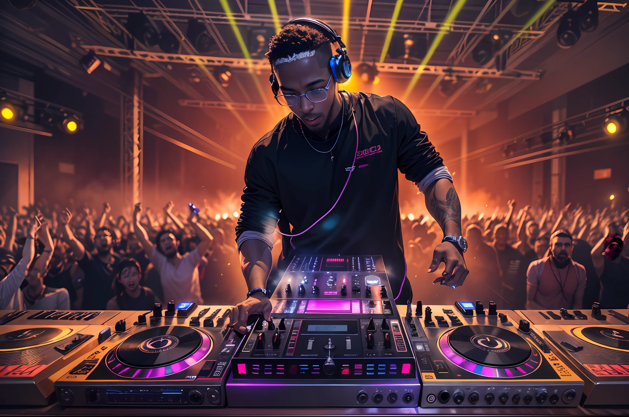 Photograph capturing the dynamic essence of a skilled DJ, vibrant energy, captivating performance, pulsating beats, infectious rhythm, intense lighting, energetic crowd, electric atmosphere.