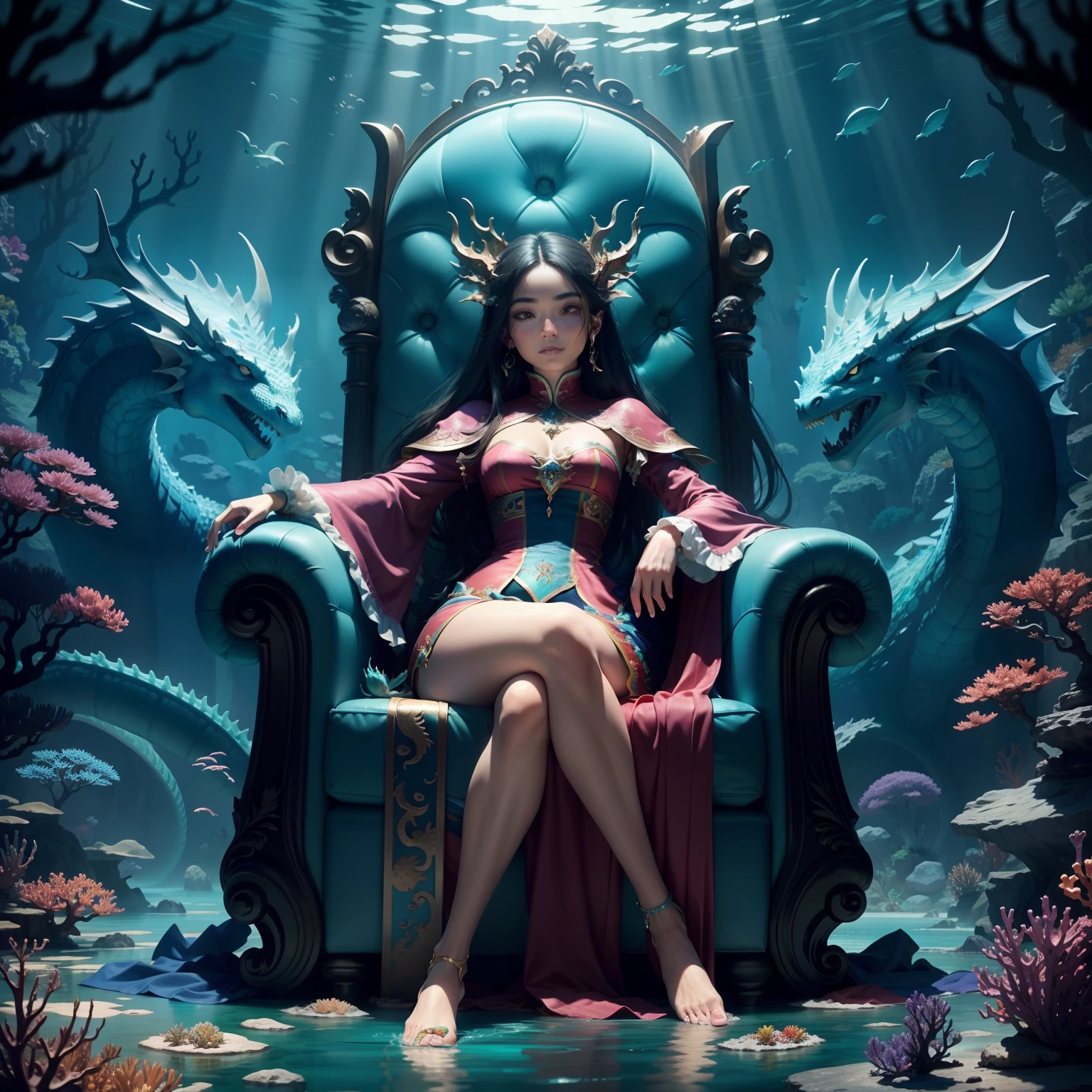 drawing of a stylish woman, sitting in cair, queen of the sea mu yanling, sitting in his throne underwater, goddess of the mountain, real photoshoot queen of mountain, ursula the mountain witch, goddess of the mountain, mountain queen, lamia, serpentine water monster, big breast, blue skin