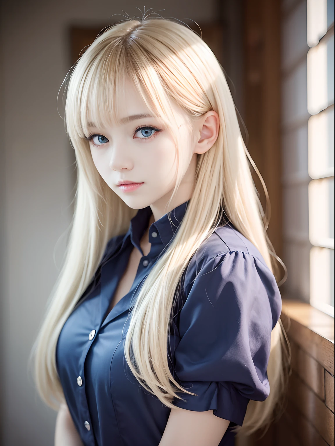portlate、School Uniforms、bright expression、Young shiny shiny white shiny skin、Best Looks、Blonde reflected light、Platinum blonde hair with dazzling highlights、shiny light hair,、Super long silky straight hair、Beautiful bangs that shine、Glowing crystal clear attractive big blue eyes、Very beautiful nice cute 16 year old girl、Lush bust、