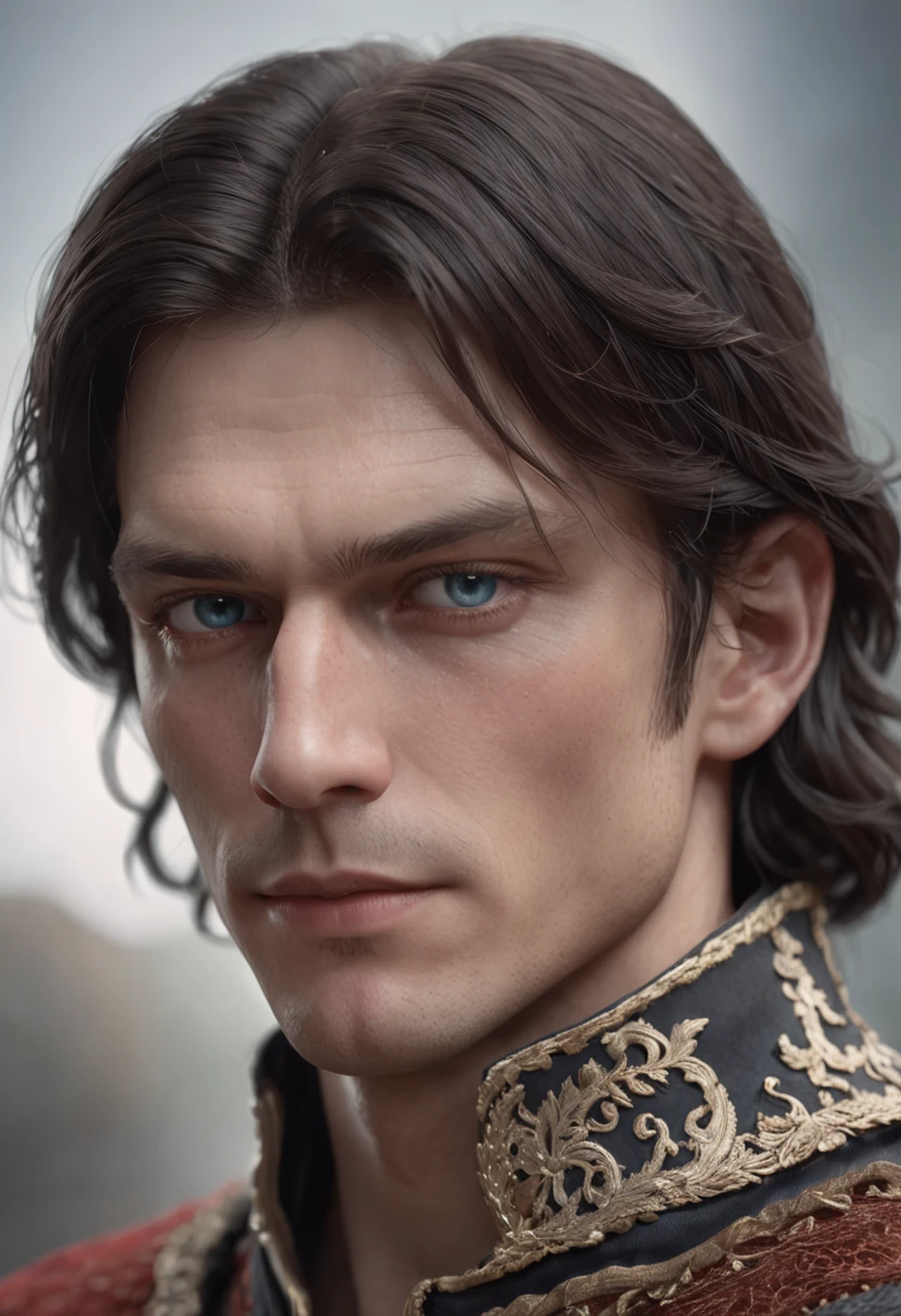 Portrait of male 1700s,  perfect detailed face, detailed symmetric circular iris, long hair, black hair, realistic, blue eyes, stunning realistic photograph Norwegian character, 3d render, octane render, intricately detailed, cinematic, trending on artstation, Isometric, Centered hipereallistic cover photo, awesome full color, hand drawn, dark, gothic, gritty, mucha, klimt, erte 12k, hight definition, cinematic, neoprene, behance contest winner, portrait featured on unsplash, stylized digital art, anime art style, smooth, ultra high definition, 8k, unreal engine 5, ultra sharp focus, intricate artwork masterpiece, ominous, epic, TanvirTamim, trending on artstation, highly detailed, vibrant