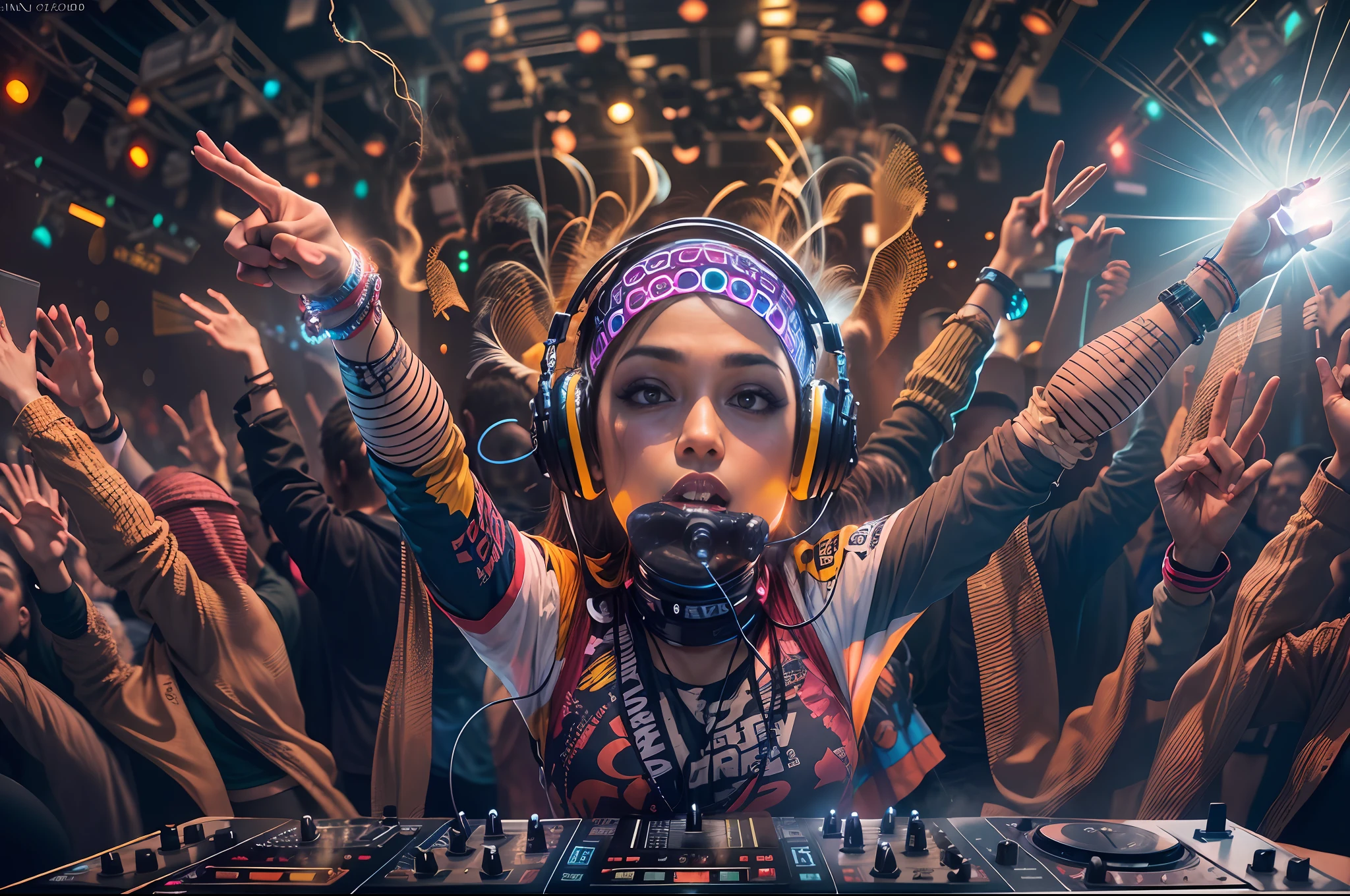 Photograph capturing the dynamic essence of a skilled DJ, vibrant energy, captivating performance, pulsating beats, infectious rhythm, intense lighting, energetic crowd, electric atmosphere.