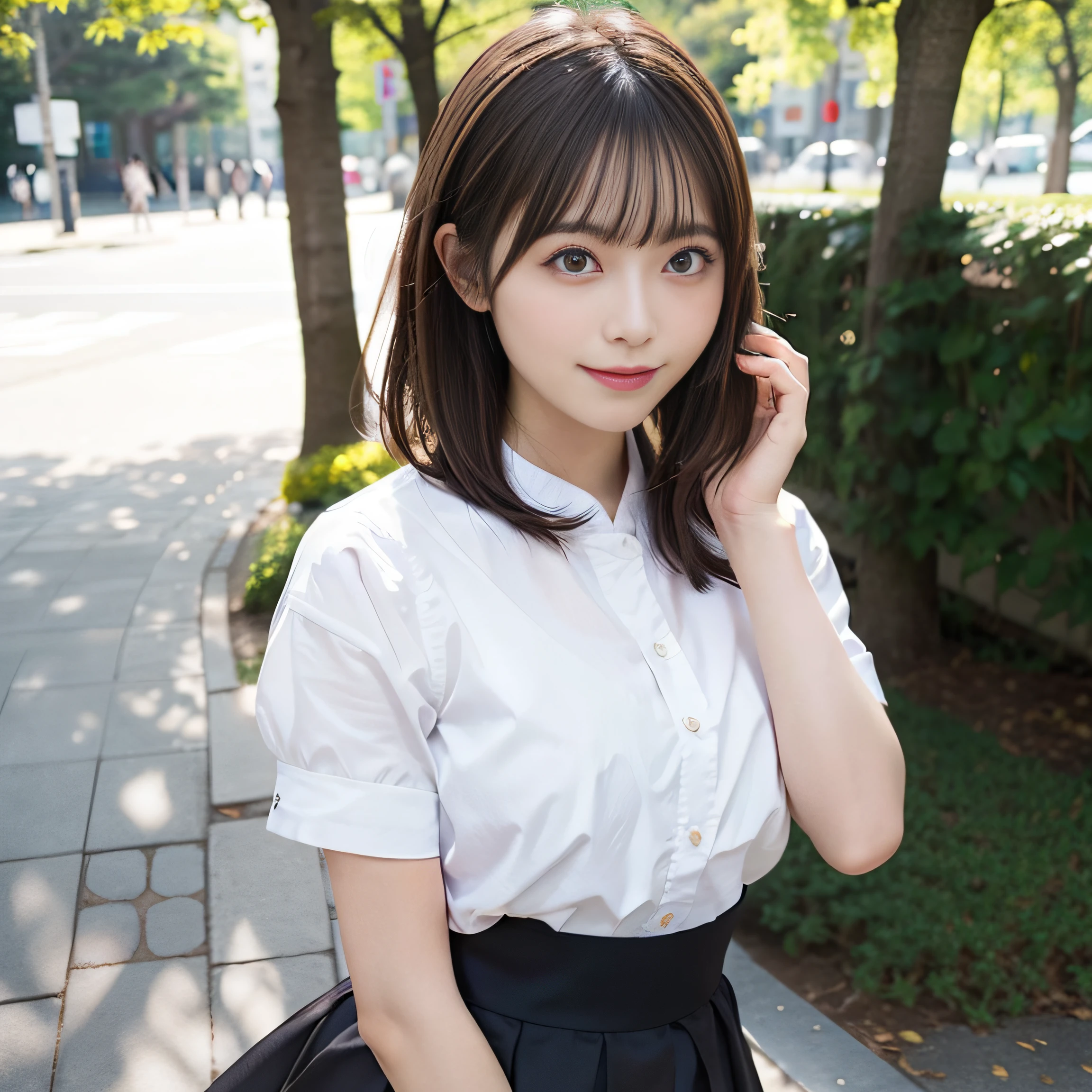 8K,Best Quality:1.4,high details、 超A high resolution:1.5, (Photorealistic:1.4),​masterpiece:1.2,(top-quality:1.4)、 tourism photography、(the background is blurred), a park,fully body photo:1.8、Standing Pose:1.2、 1日本人の女の子, Cute, (Solo), (Shy smile), Smooth skin、cute littleＴThe shirt、Check miniskirt:1.3、 (Brown medium hair,Bangs), (touch hair:1.4)、nogizaka、cute little、(30-years old:1.2)、beauty legs、Supple fingertips、Realistic fingers、Beautiful black eyes、natural skin textures:1.3, realistic eyes and face details:1.7、middlebreasts、gazing at viewer,Gravure Pose