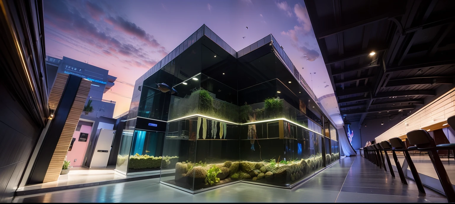 verism style，real photograph，（photore：2），Sunnyday，Giant glass fish tank，colored glass，Stained glass glow，Glass aquarium，Water refraction，Rich layers，Highly meticulous，Rich in detail，Excellent quality