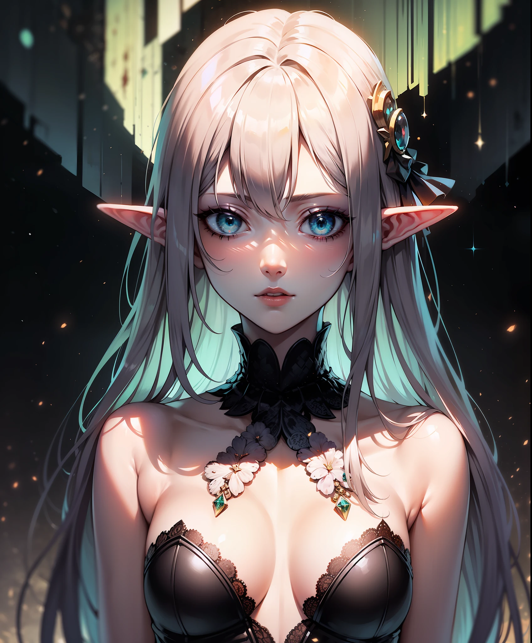 (8k, RAW photo, best quality, masterpiece:1.2),(realistic, photo-realistic:1.37),(best quality, masterpiece:1.2),(Beautiful detailed background), lot of details, perfect hands, high quality, detailed, refined, (masterpiece)++, female  elf,  emerald eyes, (long white gradient  hair)++, white skin, small breasts, small chest, flat chest, strapless  lace black dress,  long gloves, princess of the void, jewelry, dawn background, (paint portrait)++ , fire, blood, void, abyss, space, aurora