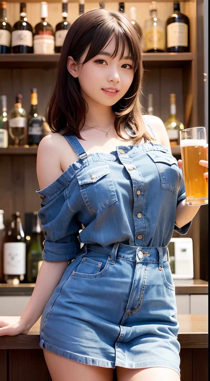 a very pretty girl,Young Face, huge smile, 10 yo,Brown hair, denim skirt,extended downblouse,
a bar counter,Holding a beer mug,Holding beer with both hands,
独奏,1girl in,nsfw
BREAK
(masutepiece, Best Quality,Ultra-detailed)