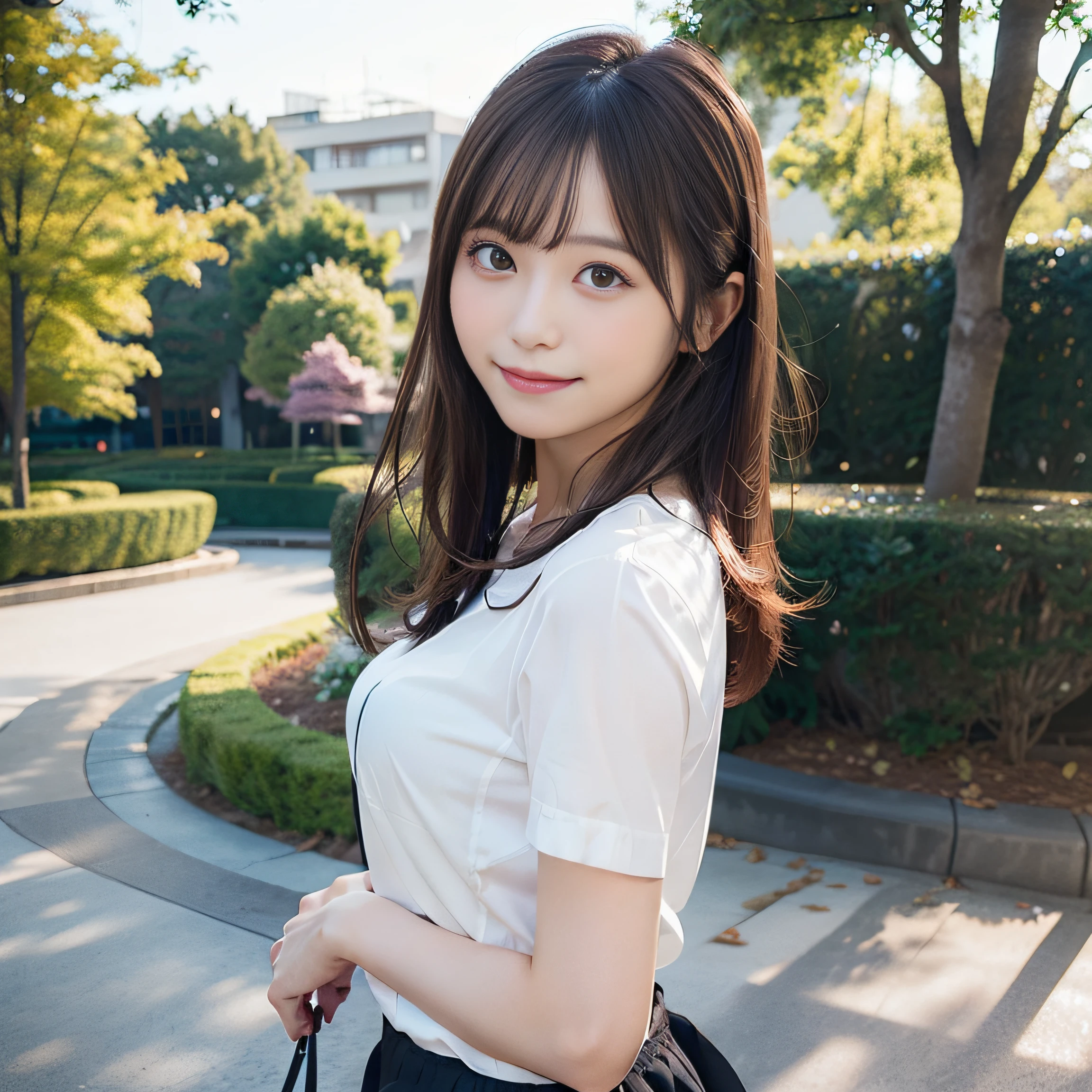 8K,Best Quality:1.4,high details、 超A high resolution:1.5, (Photorealistic:1.4),​masterpiece:1.2,(top-quality:1.4)、 tourism photography、(the background is blurred), a park,fully body photo:1.8、Standing Pose:1.2、 1日本人の女の子, Cute, (Solo), (Shy smile), Smooth skin、cute littleＴThe shirt、Check miniskirt:1.3、 (Brown medium hair,Bangs), (touch hair:1.4)、nogizaka、cute little、(30-years old:1.2)、beauty legs、Supple fingertips、Realistic fingers、Beautiful black eyes、natural skin textures:1.3, realistic eyes and face details:1.7、middlebreasts、gazing at viewer,Gravure Pose