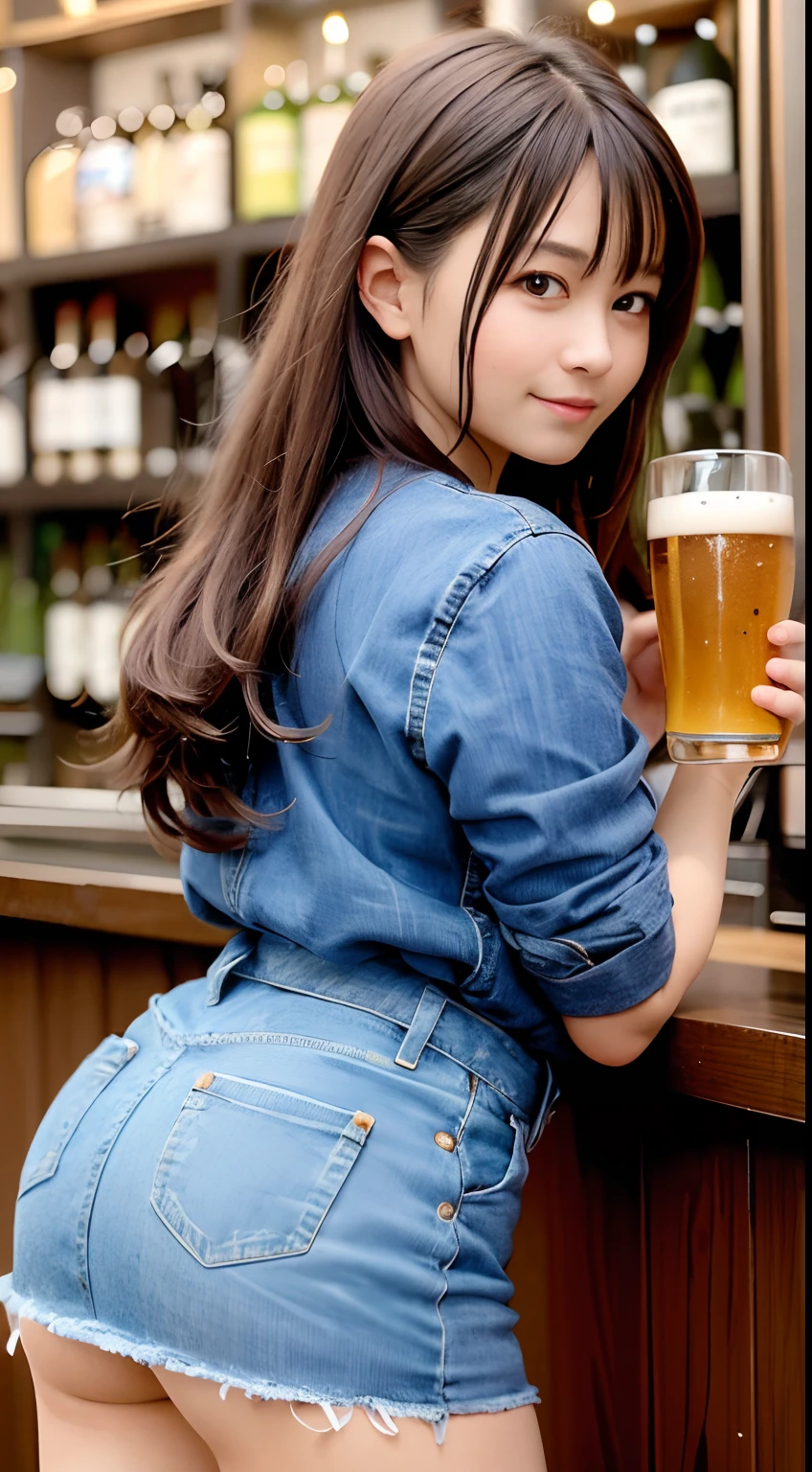 a very pretty girl,Young Face, huge smile, ,Brown hair, denim skirt,extended downblouse,
a bar counter,Holding a beer mug,Holding beer with both hands,
独奏,1girl in,nsfw
BREAK
(masutepiece, Best Quality,Ultra-detailed)