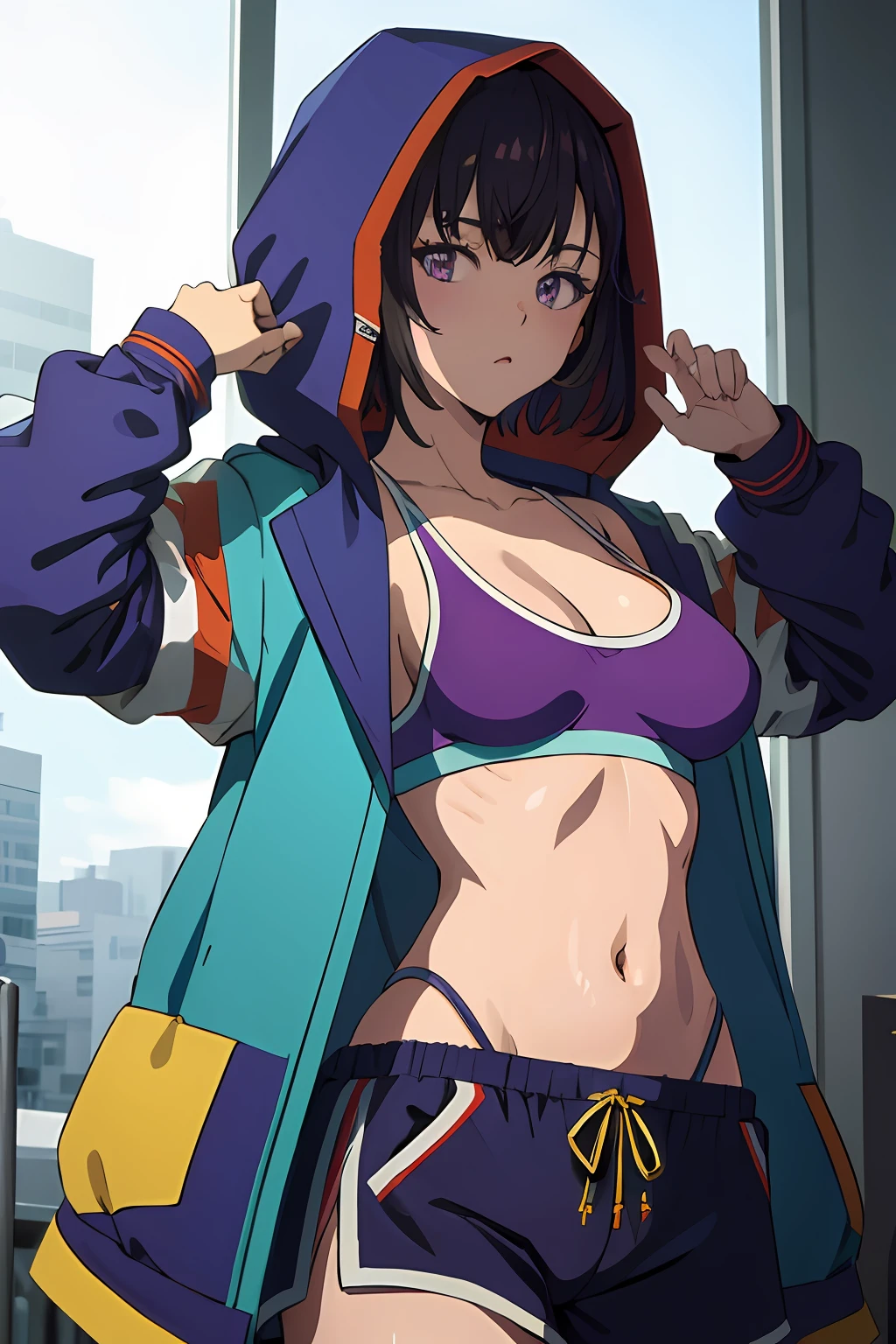 (((masterpiece))), ShizukaMikazuki, 1girl, solo, looking at viewer, short hair, black hair, navel, holding, cleavage, medium breasts, purple eyes, jacket, open clothes, midriff, hood, open jacket, hoodie, bottle, blue jacket, hooded jacket, hood up, sports bra, drinking, water bottle, multicolored jacket,