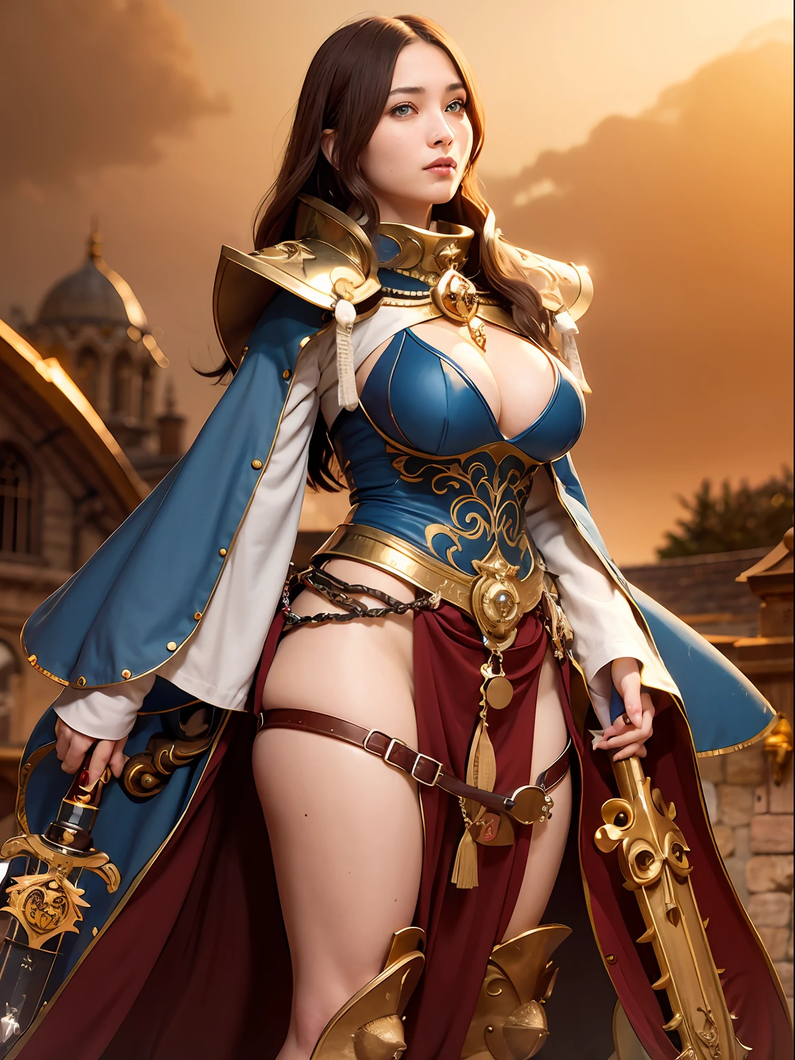 (masutepiece), Professional , ​masterpiece、top-quality、photos realistic , depth of fields （Gemstone Silver Metal Body:1.９),Background inside the castle、(Matte Blue、Jewel Gold Weapon（Jewel Metal Body:1.４),Young 20 year old girl、（Gorgeous metal weapons） , With the Sword of the Brave, Beautiful knife   ,warhammer 40k , adepta sororitas,(Brown hair),Detail and ornate jewel crown、Golden hair、Gangle's forest background、Beautiful Caucasian beauty、１a person、dynamic ungle,((()))、Smaller head、A smile、Powerful poses、Background inside the castle、Thin and beautiful female hands、Old ancient ruins、A smile、cleavage of the breast、（Light effects from weapons）、