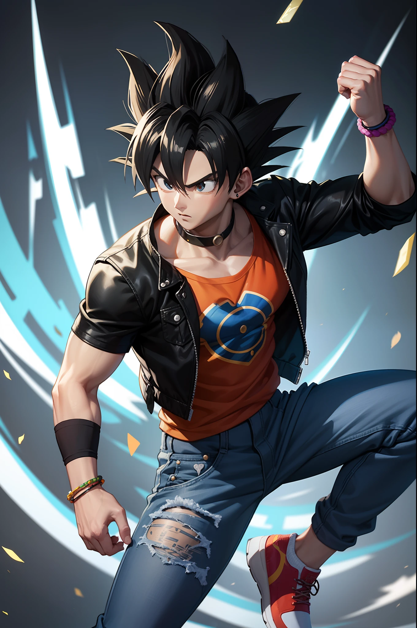 Son Goku in Dragon Ball, greyt hair,Fashion graffiti clothing,Trendy clothing,Tide brand,black black jacket,vests,denim pant,Lunette de soleil,Bracelet,ear studs,decorations,athletic sneakers,Tattooed with,choker necklace,Ultra high quality,Best quality,tmasterpiece,超高分辨率,Super Saiyan with a white glow,quadratic element,鸟山明风格,1990's ,Cartoony,