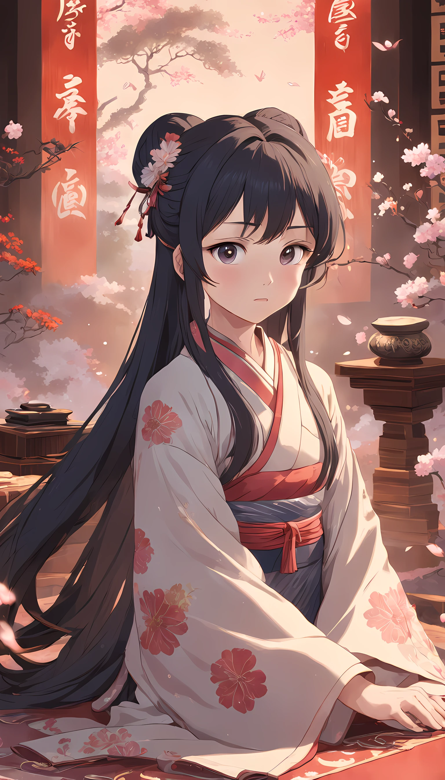 (Daisaku),(Need),(Super meticulous),(full bodyesbian:1.2),Super young man sitting on carpet playing guzheng,Next to it was a young woman with a petal shape between her forehead,Beautiful,Oriental face,4K,With very detailed facial features and cartoon-style visuals。