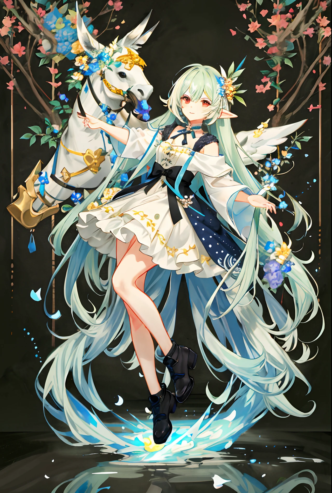((anime:1.1)),fullbody,((cute 1 girl:1.2)),from side,chubby,very long hair,(red eyes),((polka dot dress:1.2)),((with ruffled collar)),((ruffled lace)),long skirt,pumps,elf, smile,((flower background:1.2)),((multicolored lots of flowers:1.3)),