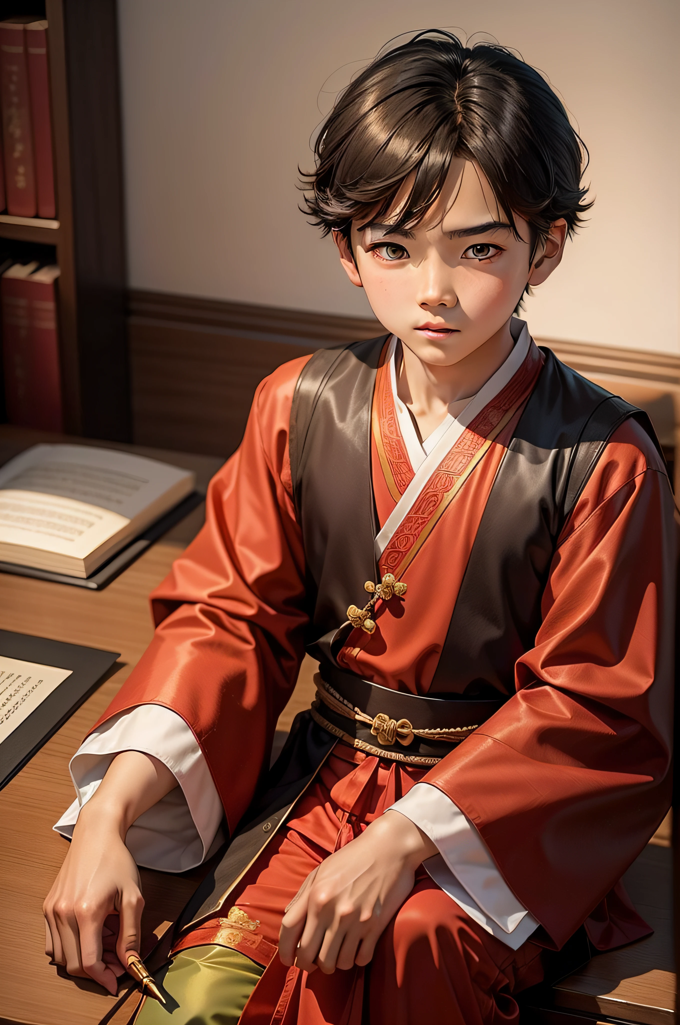 China-style,A boy who is about 11 years old,Dressed in ancient Chinese scholar costumes,Sit at the desk,Character action holding pen,The background is a medieval ancient study,