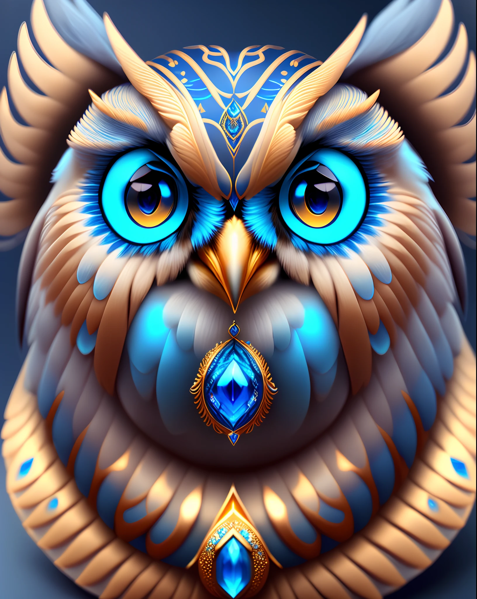 a digital painting of an owl with blue eyes, unreal engine render + a goddess, very detailed , beeple global illumination, elaborate ornate jewellery, trending on cgisociety, motion graphics, rossdraws global illumination, cgsociety