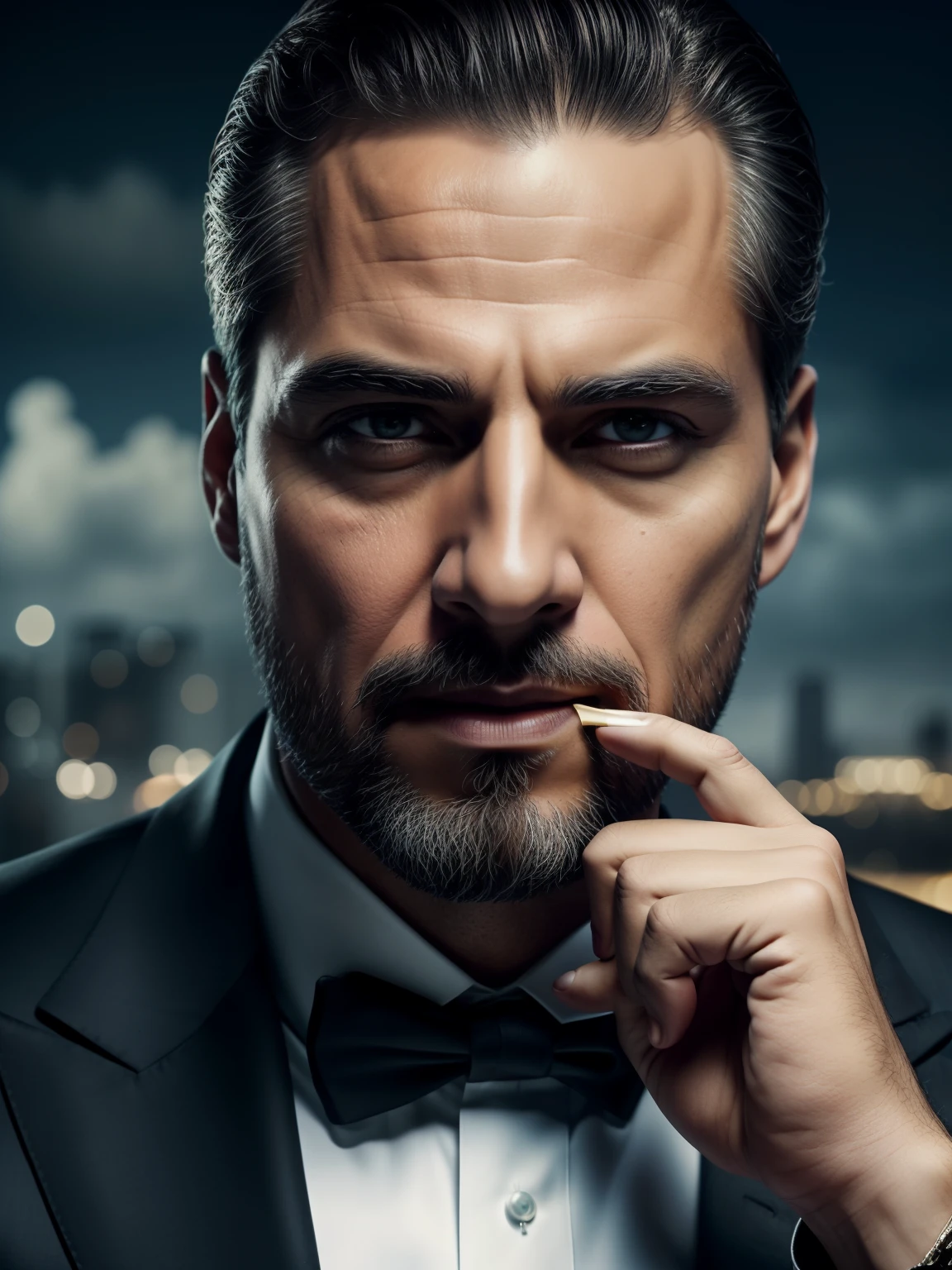 realisticlying,top-quality,tmasterpiece,cinematic compositions,slow motion,(Medium shot of the godfather of the mafia,Vicissitudes of handsome face,sbeard,whaite hair:1.2),Business suit,(Realistic and detailed|Complex suits:1.1),(Visible face:1.3),(Realistic physiognomy|The eye|irises|The skin|Muscle tissue,Detailed skins,skin textures,Natural skin),(Holding a cigar in his hand:), Frontal perspective,Imposing and firm posture,Look forward firmly,skin blemish,Natural skin wrinkles,Natural skin spots,Highly detailed clothes,rich details,intricately details,Realistic wrinkles in clothes,Mafia fantasy landscape,mostly cloudy sky,Edifice in the background in the distance,Radiant illumination,deep shading,dramatic scene