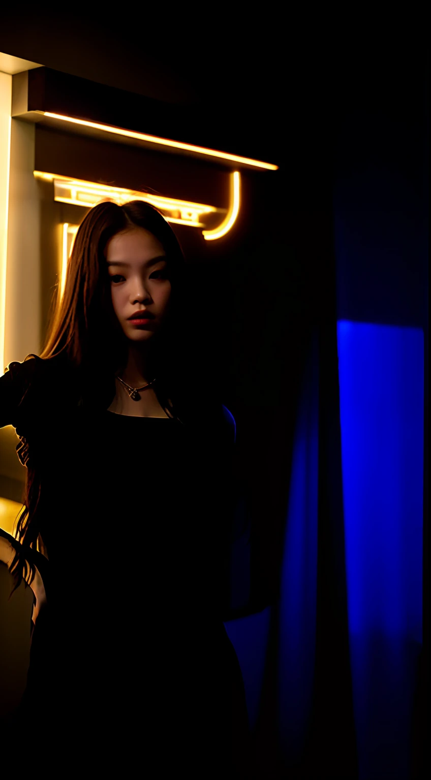 there is a woman standing in a room with e, profile pic, with long hair, profile image, very very low quality picture, standing in a dimly lit room, very very low quality, blackpink jennie, 1 6 years old, 18 years old, profile picture, xision wu, distorted pose, 1 8 yo, she is dancing. realistic, human