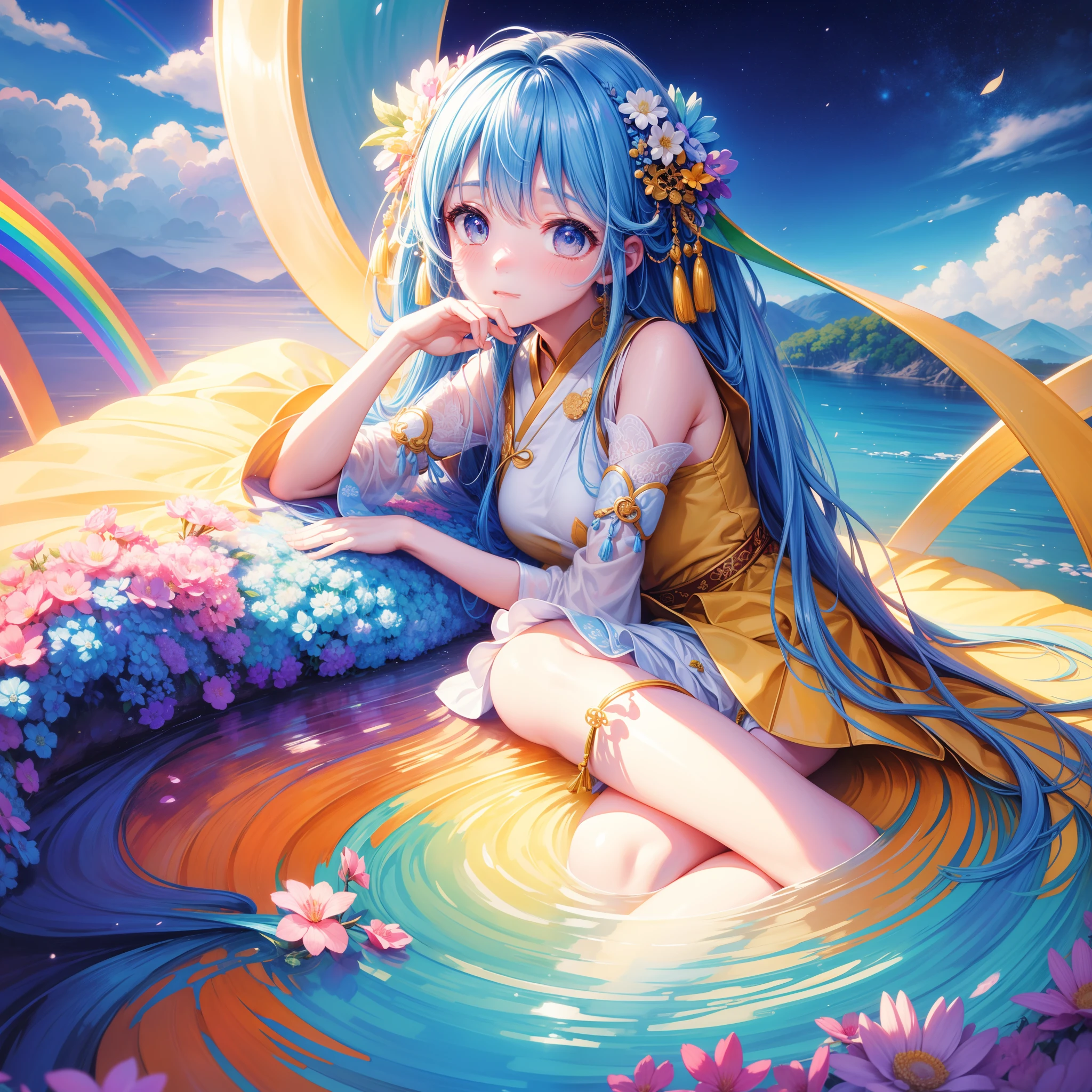 Gentle、Dreamy、Illustration of unique Pai Daxing image, Detailed presentation of the highest image quality, Beautiful refracted light, Clear eyes, Bright colors, Soft light and shadow, Colorful rainbow colors, The cute expression and gesture of Pai Daxing。