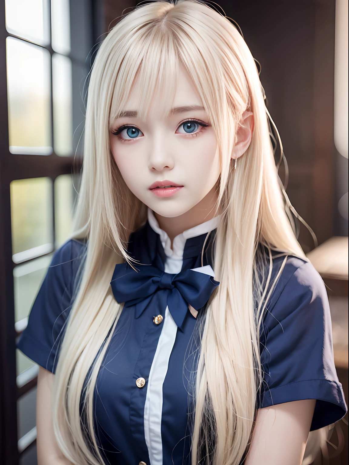 portlate、School Uniforms、bright expression、Young shiny shiny white shiny skin、Best Looks、Blonde reflected light、Platinum blonde hair with dazzling highlights、shiny light hair,、Super long silky straight hair、Beautiful bangs that shine、Glowing crystal clear attractive big blue eyes、Very beautiful nice cute 16 year old girl、Lush bust、