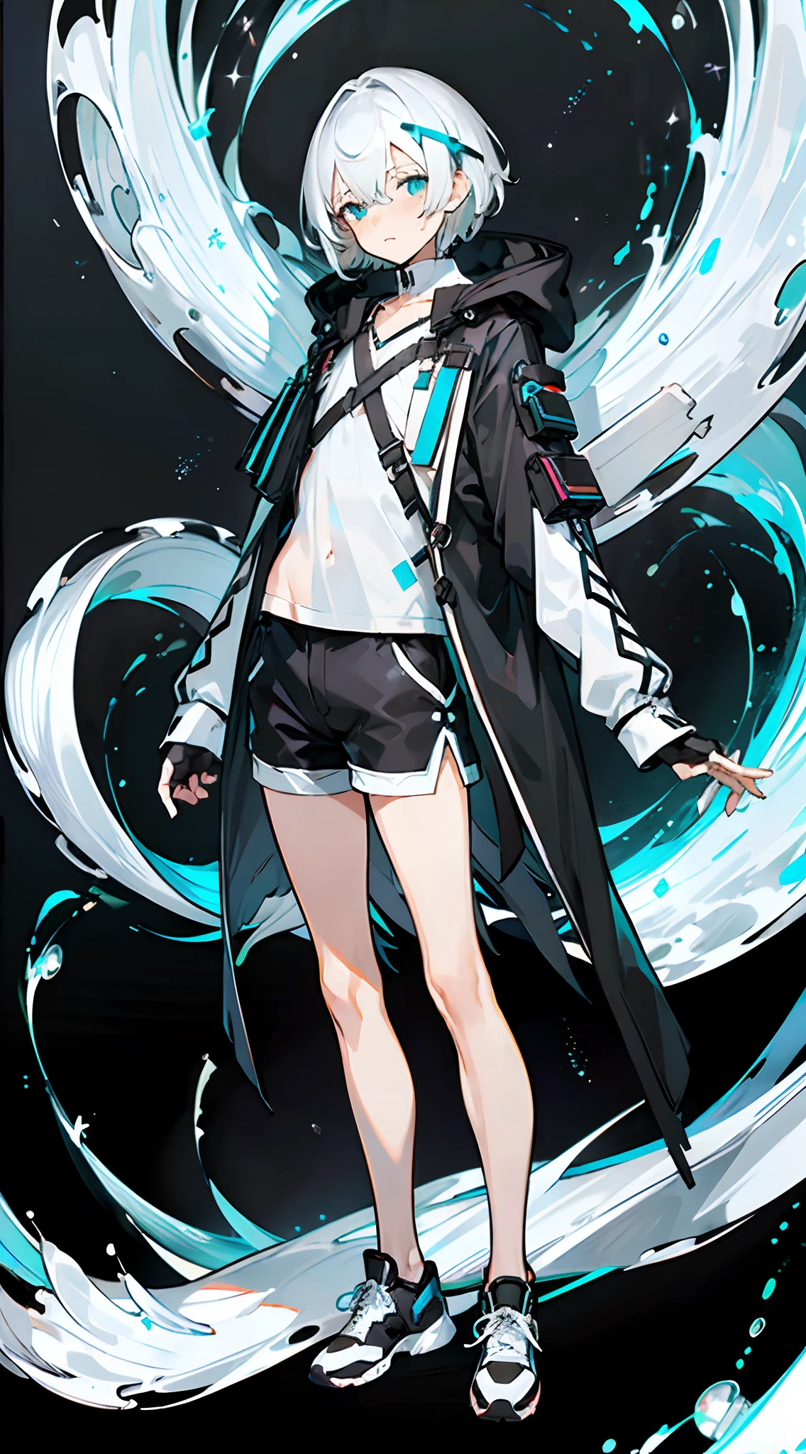 Masterpiece, Best quality, Solo,Boy, White hair,Short hair, (White shirt:1.4),(Black shorts:1.5), blackfootwear, full bodyesbian, shirt, Shorts, Coat, Open coat, view the viewer, Hood, Sneakers, Open clothes, Black coat, (Flat chest:1.7), No breasts,Long sleeves, bangs, Fingerless gloves, Short hair, hair between eye,(Pure black background:1.4),Normal standing