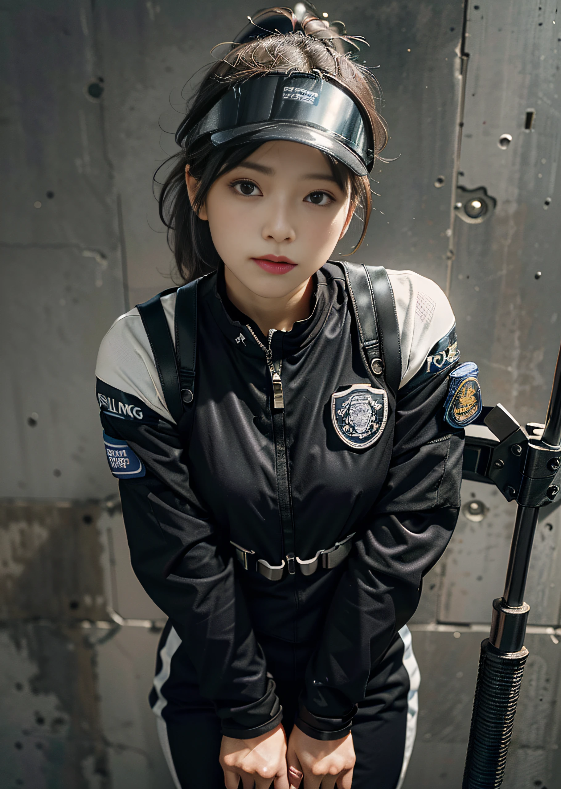 Highest image quality, outstanding details, ultra-high resolution, (realism: 1.4), (close up:1.2, from front, looking at viewer), highly condensed 1girl, with a delicate, battle rush posture, ((Poise: leaning forward, holding a machingun at the ready)), ponytail, captain, (perfect proportion, muscular:1.25, chubby:0.65), (wearing racing suit likes police uniform, black and gray mecha, wearing a visor, military harness, hanging grenades at harness), background simple grey wall,