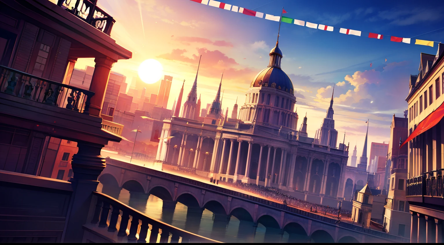 (Cinematic quality),(Complicated details),(Ascending Sun Empire),(Red alert),A bustling capital,Spectacular city,The flag is raised,future era