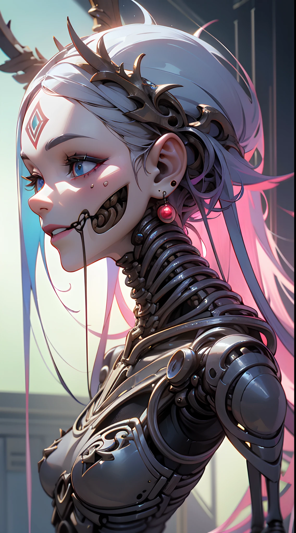 Intricate 3d rendering ultra-detailed beautiful angel of death, biomechanical robot, simulated 150mm lens, beautiful natural soft edge light, neon veins, roots, delicate leaf lace, colorful details, Boris Bidjan Saberi costume, pearl earrings, piercings, art nouveau fashion embroidery, intricate details, mesh lines, Mandelbrot fractals, facial muscles, cables, microchips, villains, surreal, ultra-detailed, octane, volumetric lighting, 8k and post-production, red The white has a little bit of black, Metal Skeleton Details, Half-Human, Iridescent, Glenn Brown Style, Futuristic Room, Power of God, High Angle Shot, Complex Body Poses