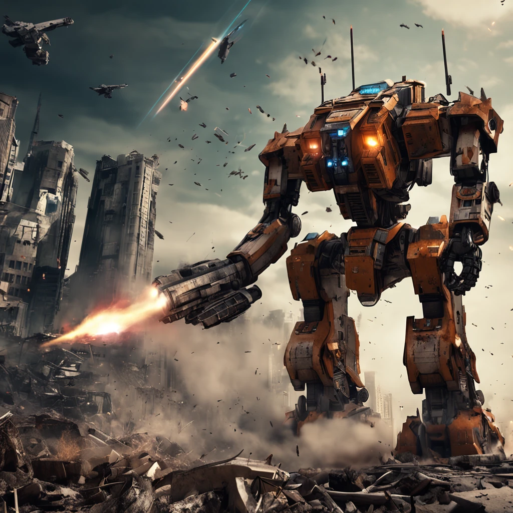 demonictech , scifi, battle mech, cityscape, destruction , laser ,apocalypse , colossal , from below,