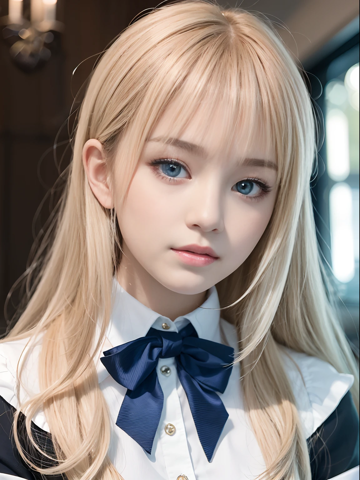 portlate、School Uniforms、bright expression、Young shiny shiny white shiny skin、Best Looks、Blonde reflected light、Platinum blonde hair with dazzling highlights、shiny light hair,、Super long silky straight hair、Beautiful bangs that shine、Glowing crystal clear attractive big blue eyes、Very beautiful nice cute girl、Lush bust、